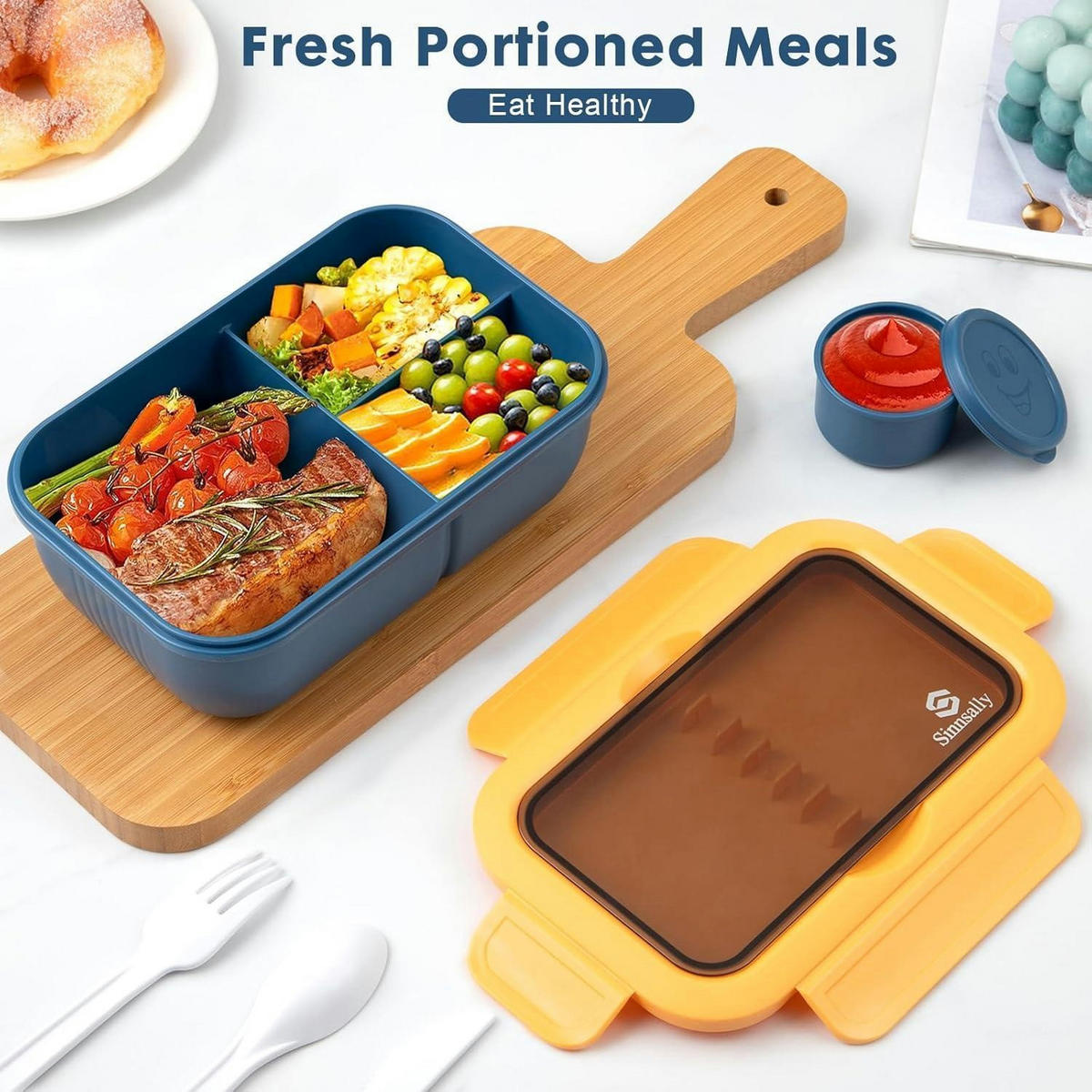 LUNCHBOX mit Fächern 1250ml auslaufsicher inkl. Besteck - Multicolor, Kunststoff (13.5/7.5/20.5cm)