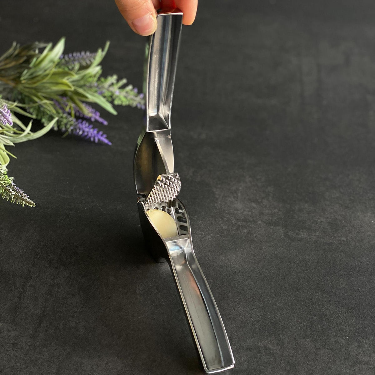 KNOBLAUCHPRESSE mit Silikonschäler und Reinigungsbürste (3-tlg.) - Silberfarben, Metall (15.5cm) - Intirilife