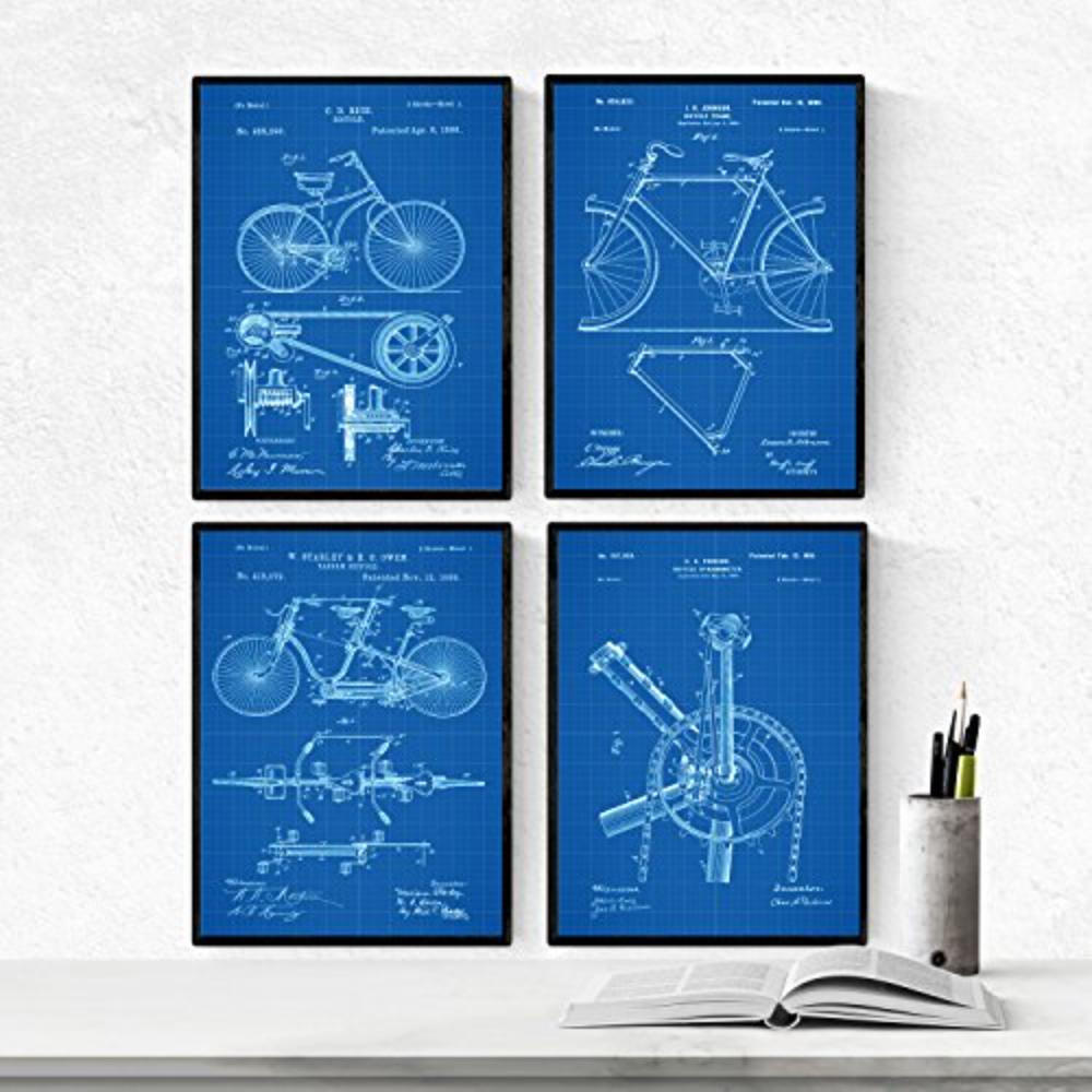 POSTER Set mit 4 Blau Fahrrad Patent Jahrgang Stil A4 Rahmenlos - Klar, Papier (29.7/3cm) - Nacnic