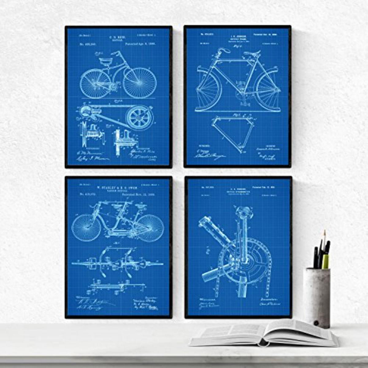 POSTER Set mit 4 Blau Fahrrad Patent Jahrgang Stil A4 Rahmenlos - Klar, Papier (29.7/3cm) - Nacnic