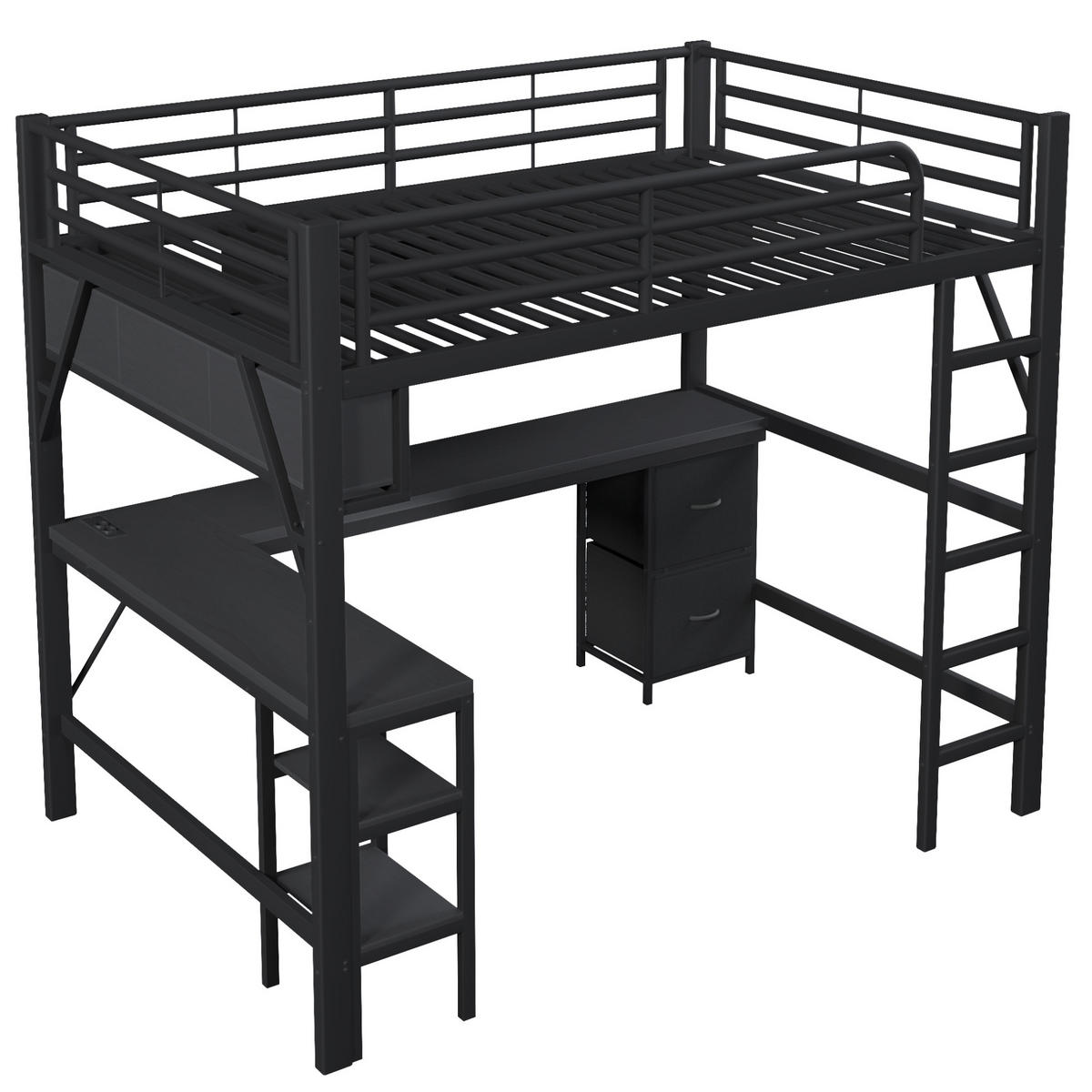 HOCHBETT 140/200 cm Schwarz mit Schreibtisch, Regal und Schubladen - Schwarz, Metall (140/200cm) - MIVRAY