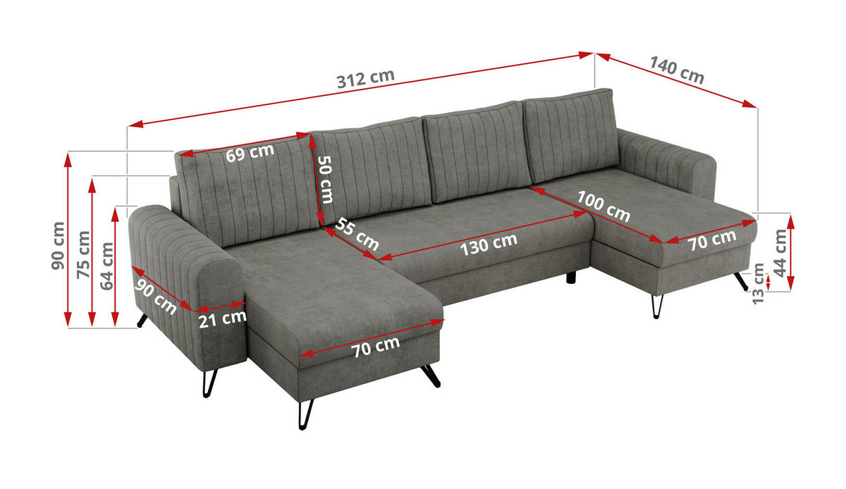 WOHNLANDSCHAFT AXEL U Struktur Grau - Schwarz/Grau, Textil/Metall (312/90/140cm) - MKS