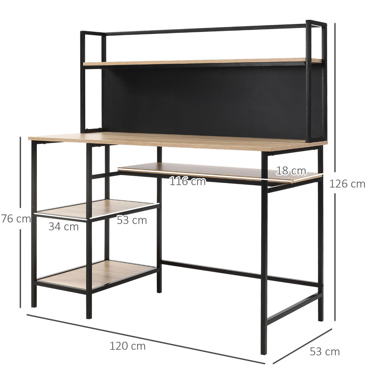 SCHREIBTISCH Eichefarben und Schwarz mit Regalfächern und Kreidetafel 120/53/126 cm - Naturfarben, Holzwerkstoff (53/120/126cm) - PANGIVO