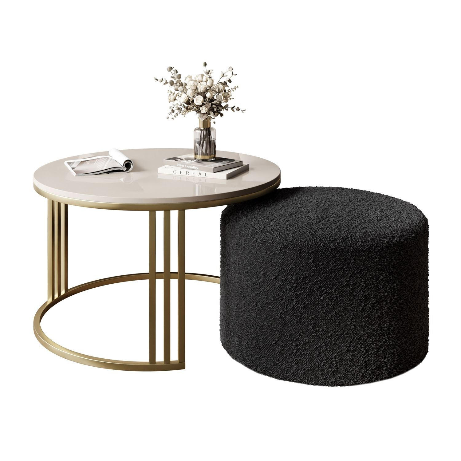 COUCHTISCH mit Hocker LORI Hochglanz gebürstetes Gold/glänzender Kaschmir/Coral 60 - Kaschmir, Metall (70/70/49cm) - Lookway