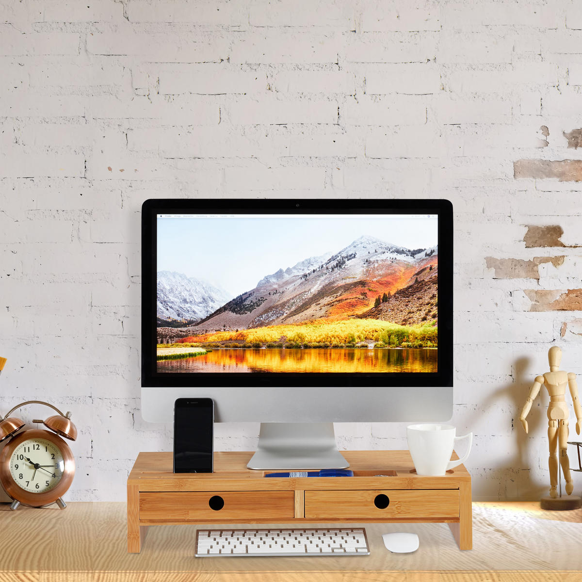 MONITORSTÄNDER Natur Bambus 2 Schubladen 12x56x27 cm - Hellbraun, Holz (27/56/12cm) - Relaxdays