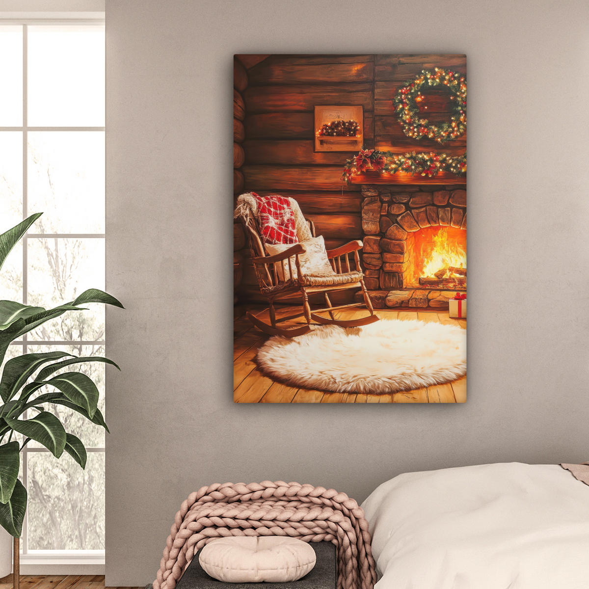 LEINWANDBILD Winter - Weihnachten - Zuhause - Kamin 90x140 cm - Bernsteinfarben, Textil (90/140cm) - MuchoWow