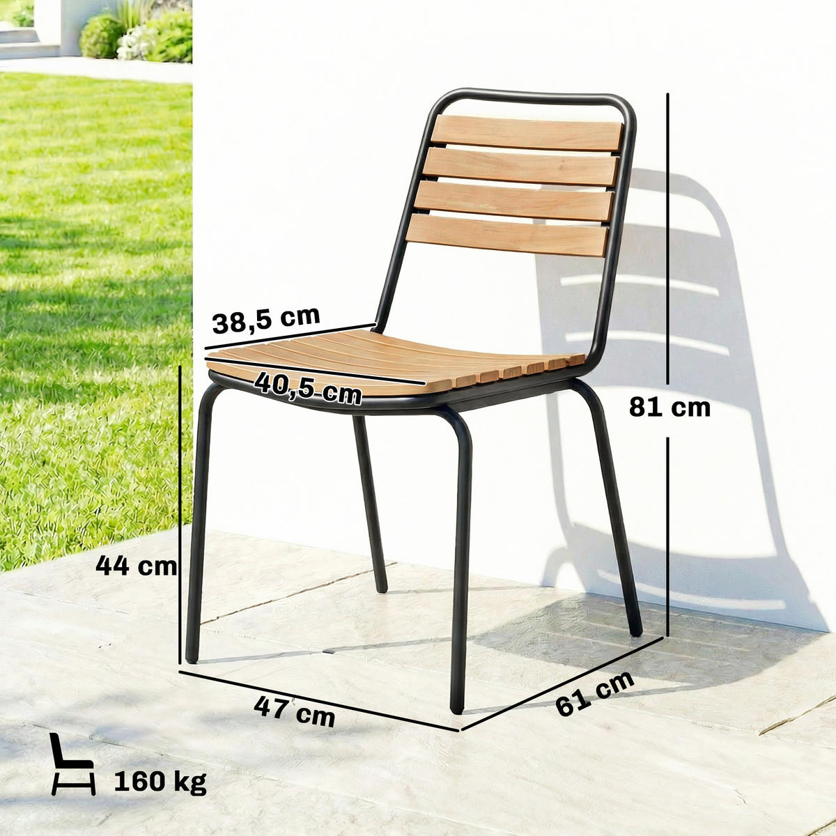 GARTENSTUHL 2er Set wetterfest Gartenstühle aus Stahl und Holz Stapelstuhl mit Rückenlehne bis 160kg belastbar Naturholz - Naturfarben, Metall (61/81/47cm)