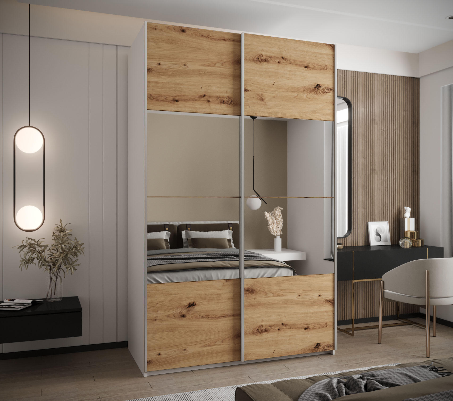 SCHWEBETÜRENSCHRANK 245,5/160/64 2-türig - Silberfarben/Eiche Artisan, Holz/Metall (160/245/64cm) - Abiks Möbel
