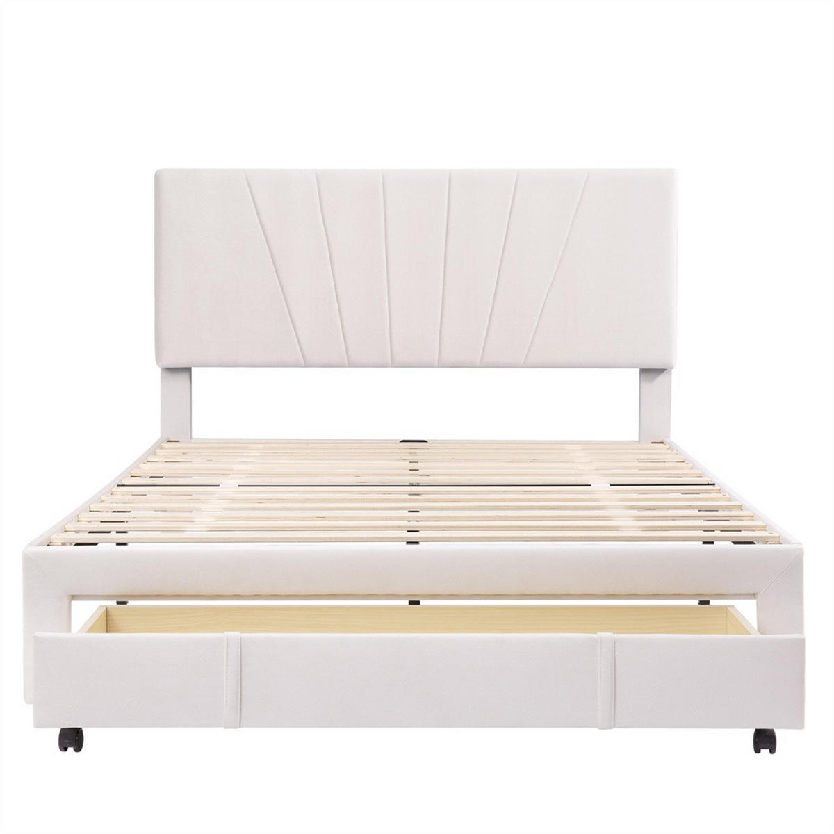 POLSTERBETT 140x200 cm mit höhenverstellbarem Kopfteil - Integrierte Bettschublade am Fußende - ohne Matratze - Beige - Beige, Textil (140/200cm) - DELFA