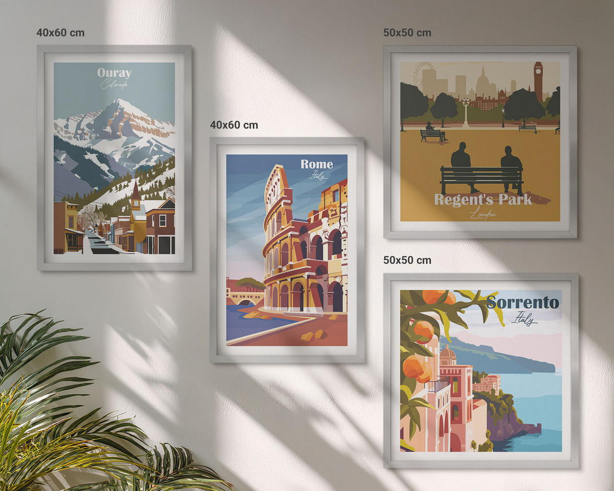 WANDBILDER 4er Set - 50x50 cm & 40x60 cm Silberner Rahmen - Retro-Illustrationen berühmter Orte - Silberfarben, Kunststoff (50/50cm) - ArtPrintCave
