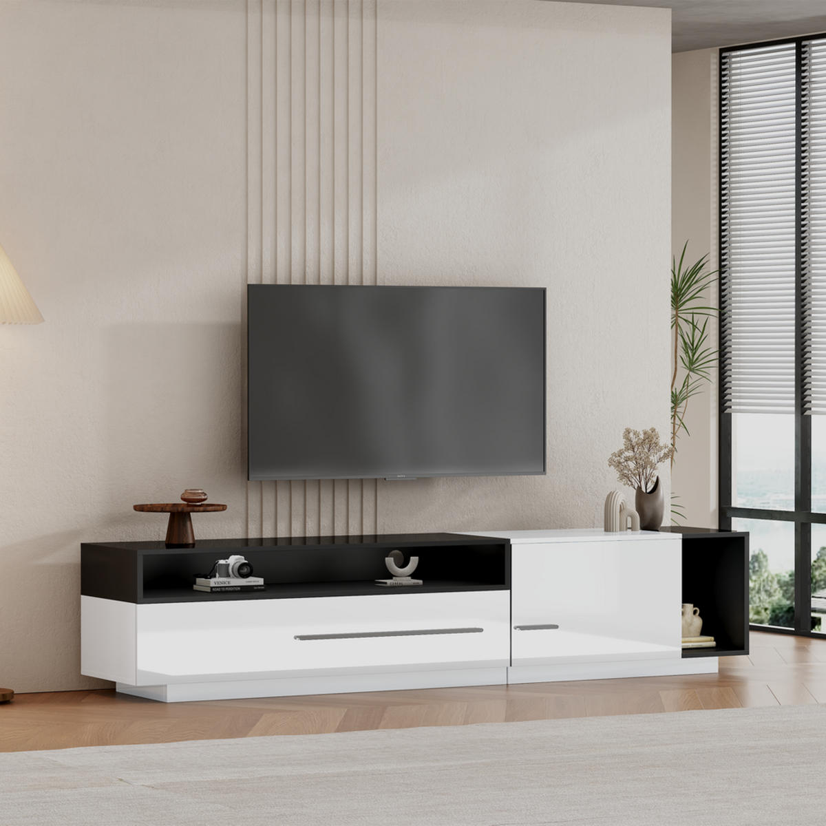 TV-SCHRANK 170cm Hochglanz Lowboard Schublade Tür & Fach bis 70 Zoll - Weiß, Holz (45.72/20.07/78.11cm) - FLIEKS