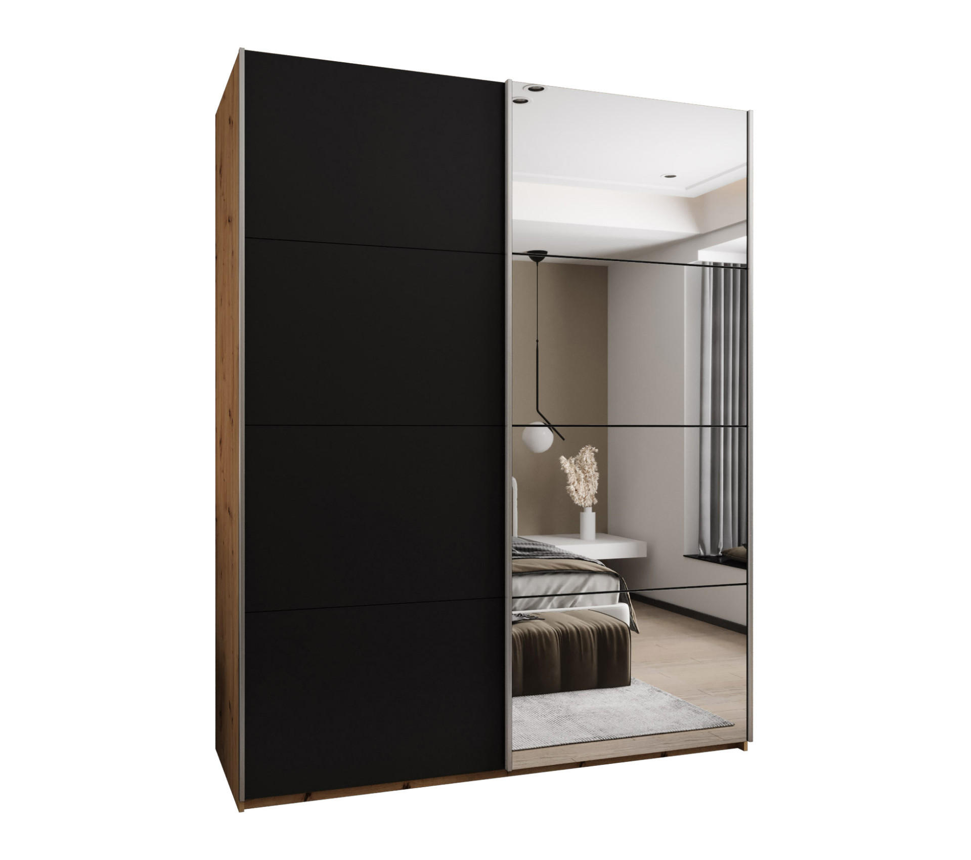 Abiks Möbel Schwebetürenschrank Eiche Artisan, Schwarz, Silber 190x245x64 cm