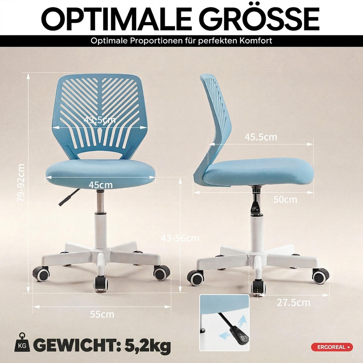 DREHSTUHL Hellblau mit Rollen und Höhenverstellung - Blau, Kunststoff (47/87/44cm) - Oxeza