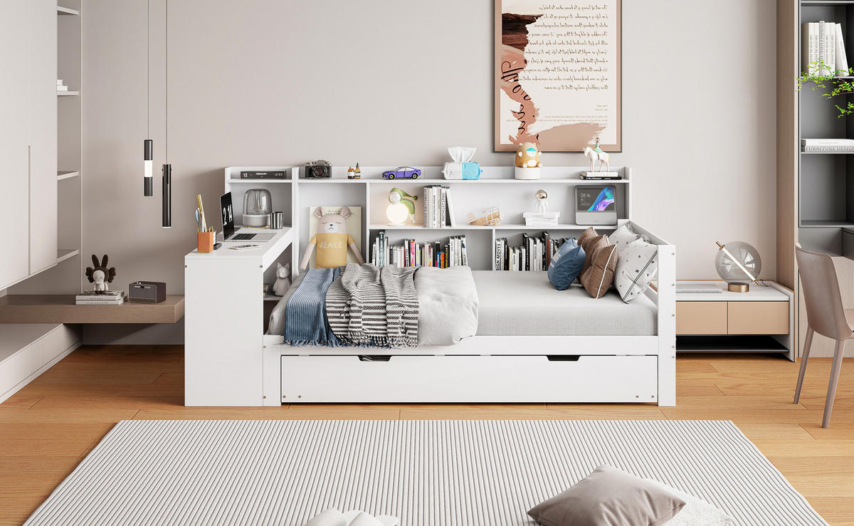 BETT 90/200 cm Weiß aus Massivholz mit Bett und Schreibtisch - Weiß, Holz (90/200cm) - OKMYHOME