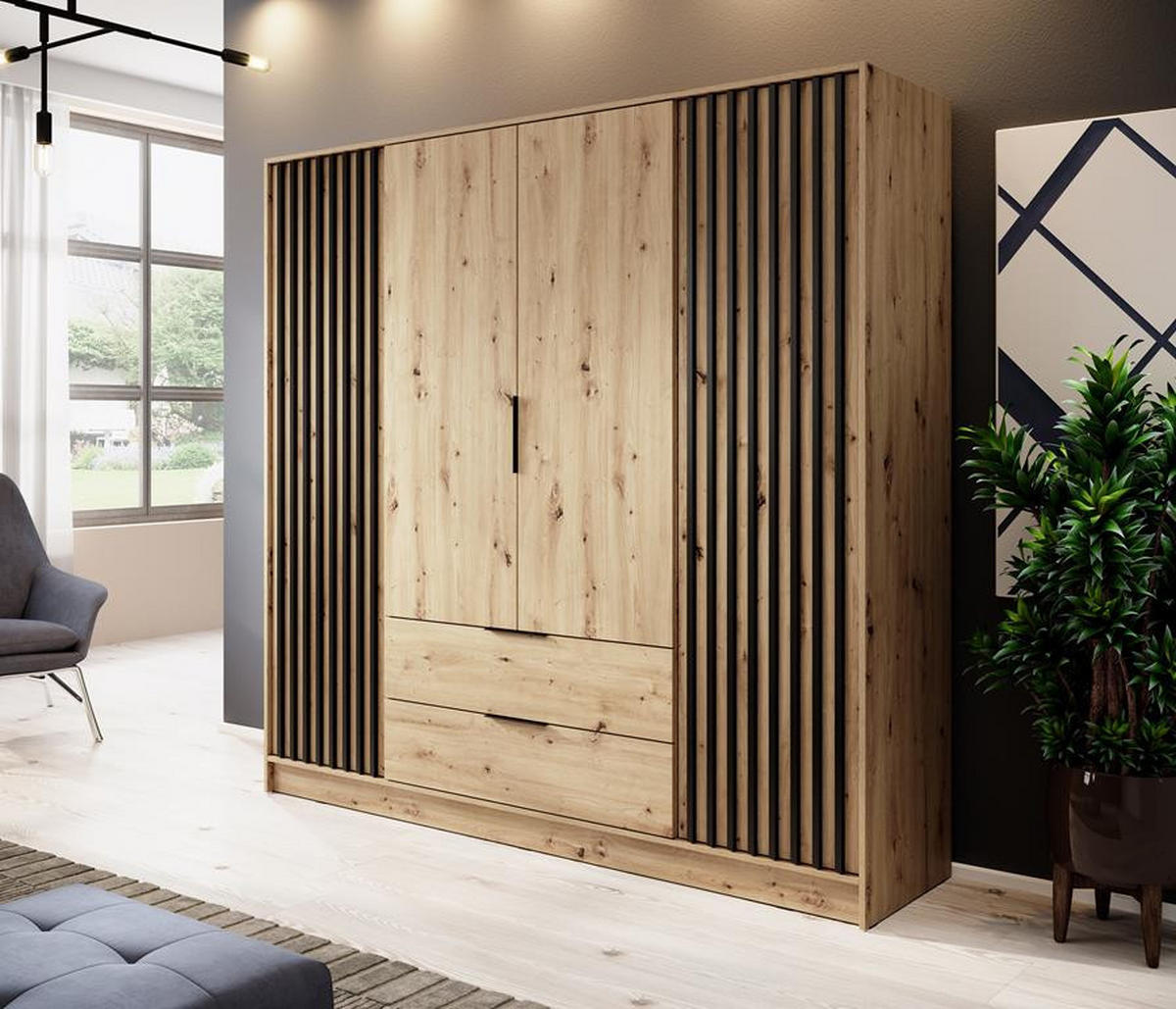 KLEIDERSCHRANK Nelly 4D, Eiche, Schwarzer Paspelierung, mit Schubladen - Schwarz/Eiche Artisan, Holzwerkstoff (206/200/51cm) - Bettso
