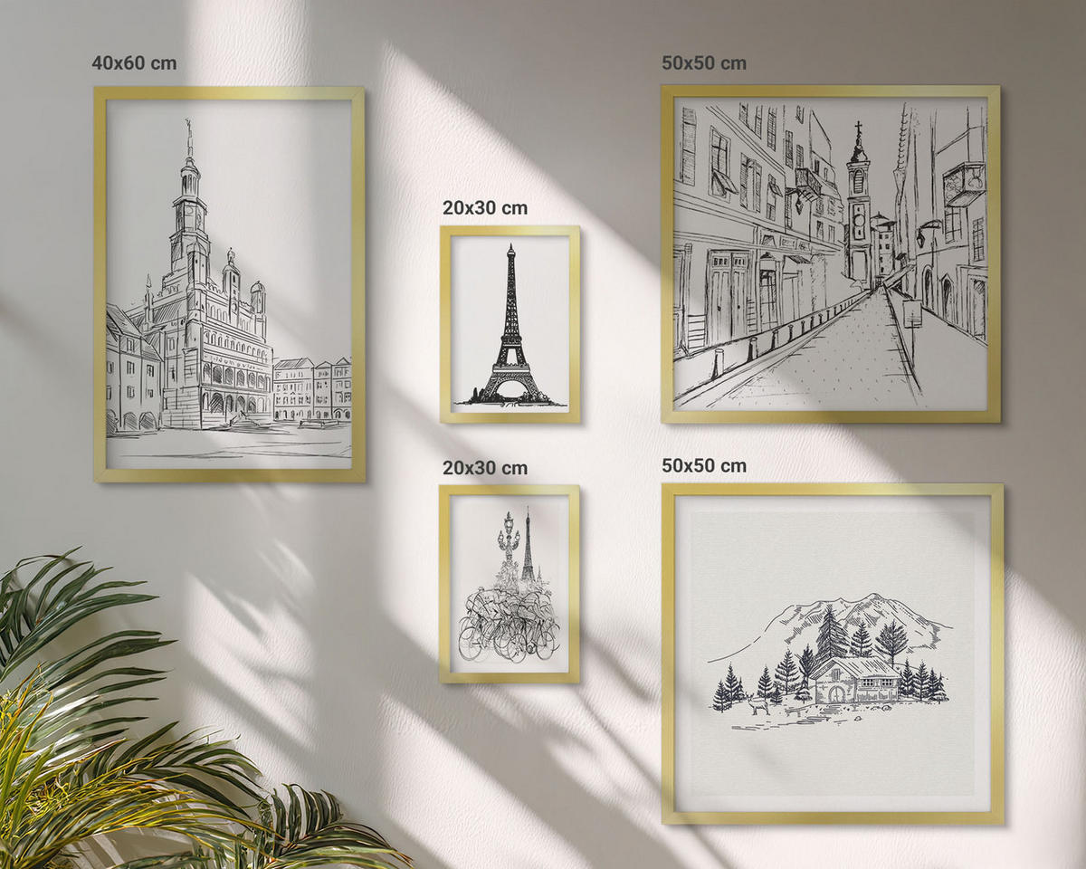 WANDBILDER 5er Set - 50x50 cm & 20x30 cm & 40x60 cm Goldrahmen - Abstrakte Gemäldekompositionen - Goldfarben, Kunststoff (40/60cm) - ArtPrintCave