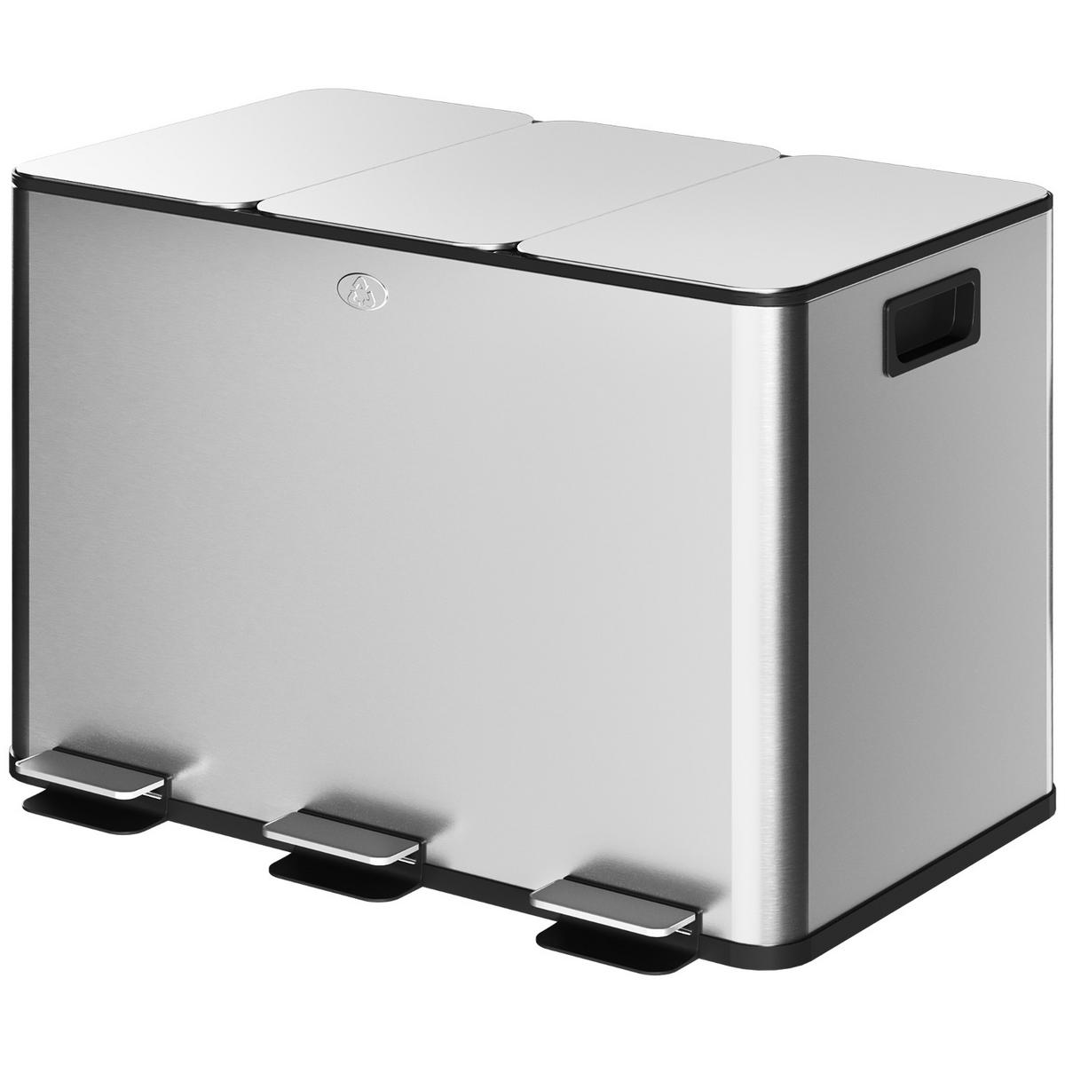 MÜLLTRENNSYSTEM 3 FÄCHER 49,6/34,5/38,6 cm Edelstahl Silber Treteimer Küche - Silberfarben, Metall (34.5/38.6/49.6cm) - Rolipo