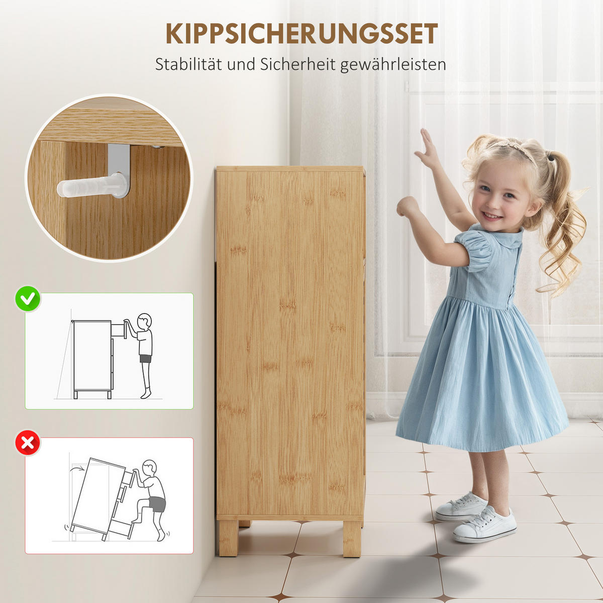 BADEZIMMERSCHRANK Badschrank schmal mit verstellbaren Regalen, offenem Fach - Naturfarben, Holz/Bambusholz (30/80/30cm) - HOMCOM