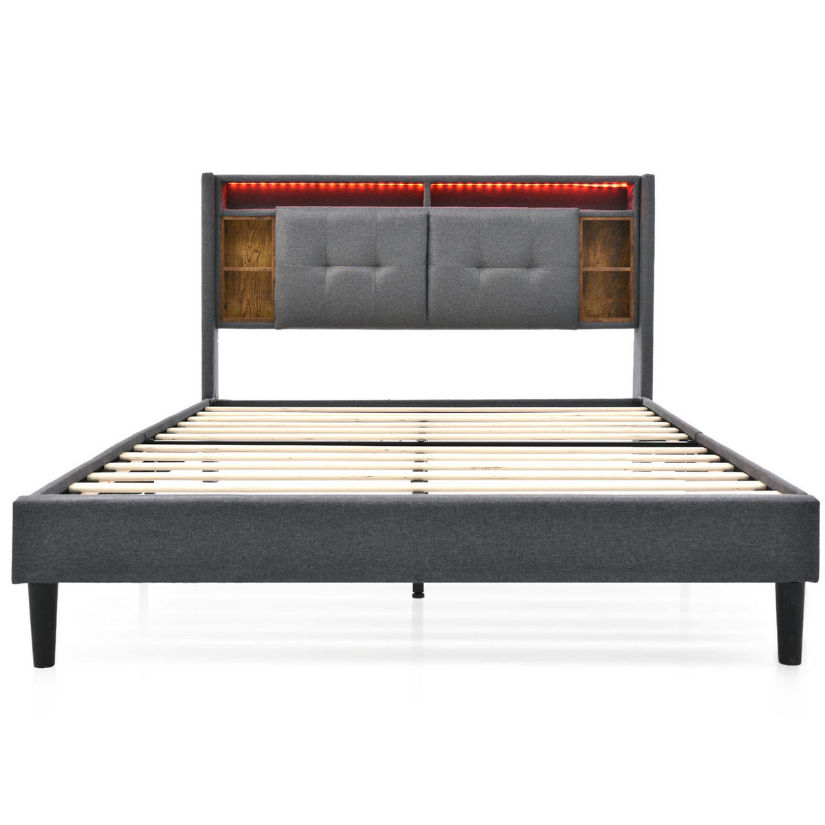 ČALÚNENÁ posteľ z masívneho dreva 215x169x107 cm sivá s LED osvetlením, USB a úložným čelom - sivá, drevo (160/200cm) - Modfu