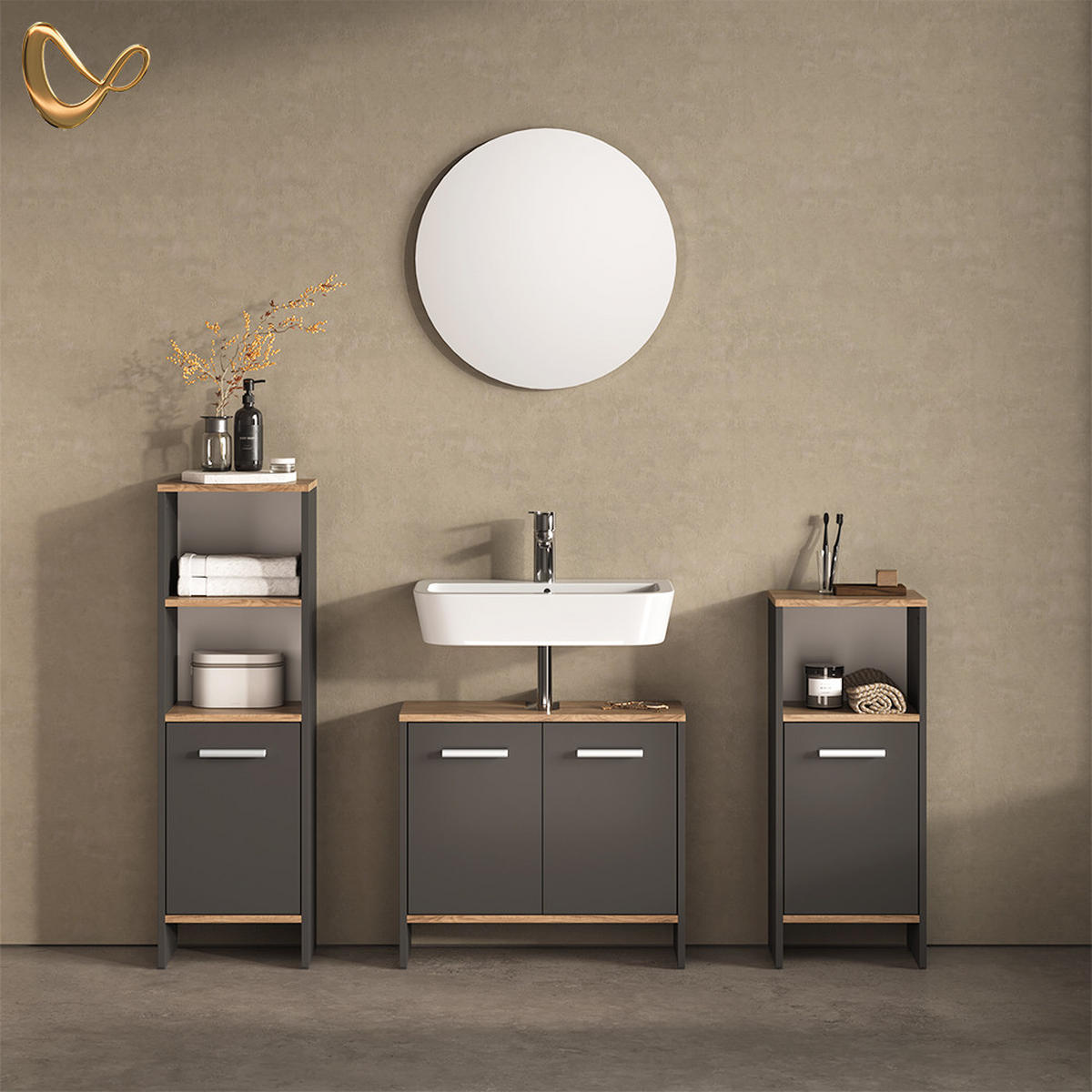 BADMÖBEL-SET Amalfi Anthrazit/Goldkraft Eiche 2 Teile - Honigeiche/Anthrazit, Holzwerkstoff (33.8/108.2/26.3cm) - Livinity®