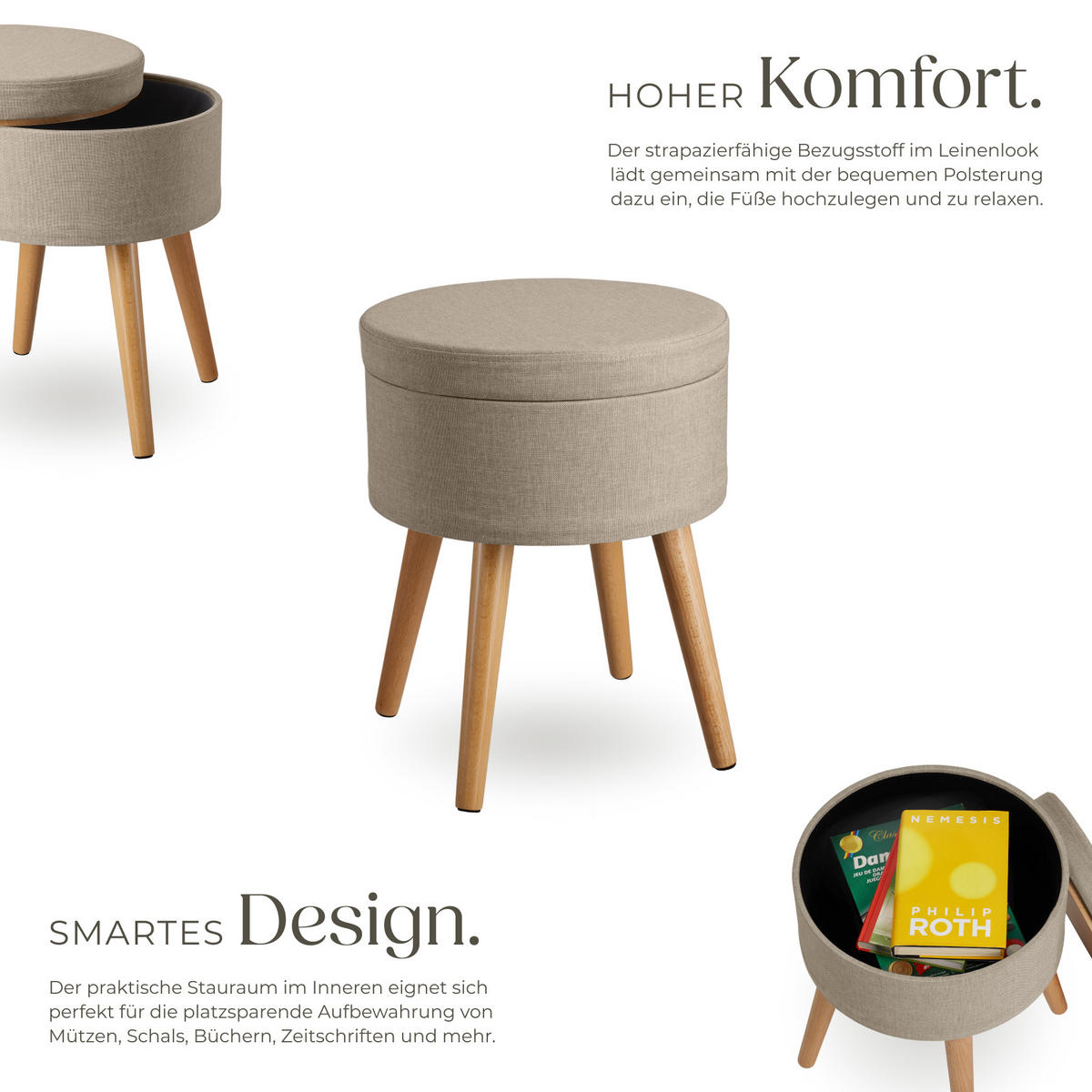 SITZHOCKER mit Stauraum Yara,42,5 x 42,5 x 45,5 cm,Sand - Sandfarben, Holz (42.5/45.5/42.5cm) - tectake