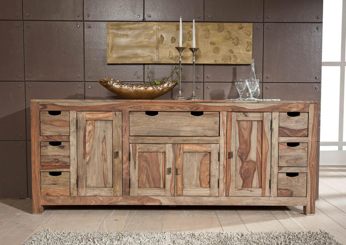 SIDEBOARD Sheesham 210x42x85 grau geölt NATURE GREY #080 - Grau, Holz (210/85/42cm) - Massivmoebel24