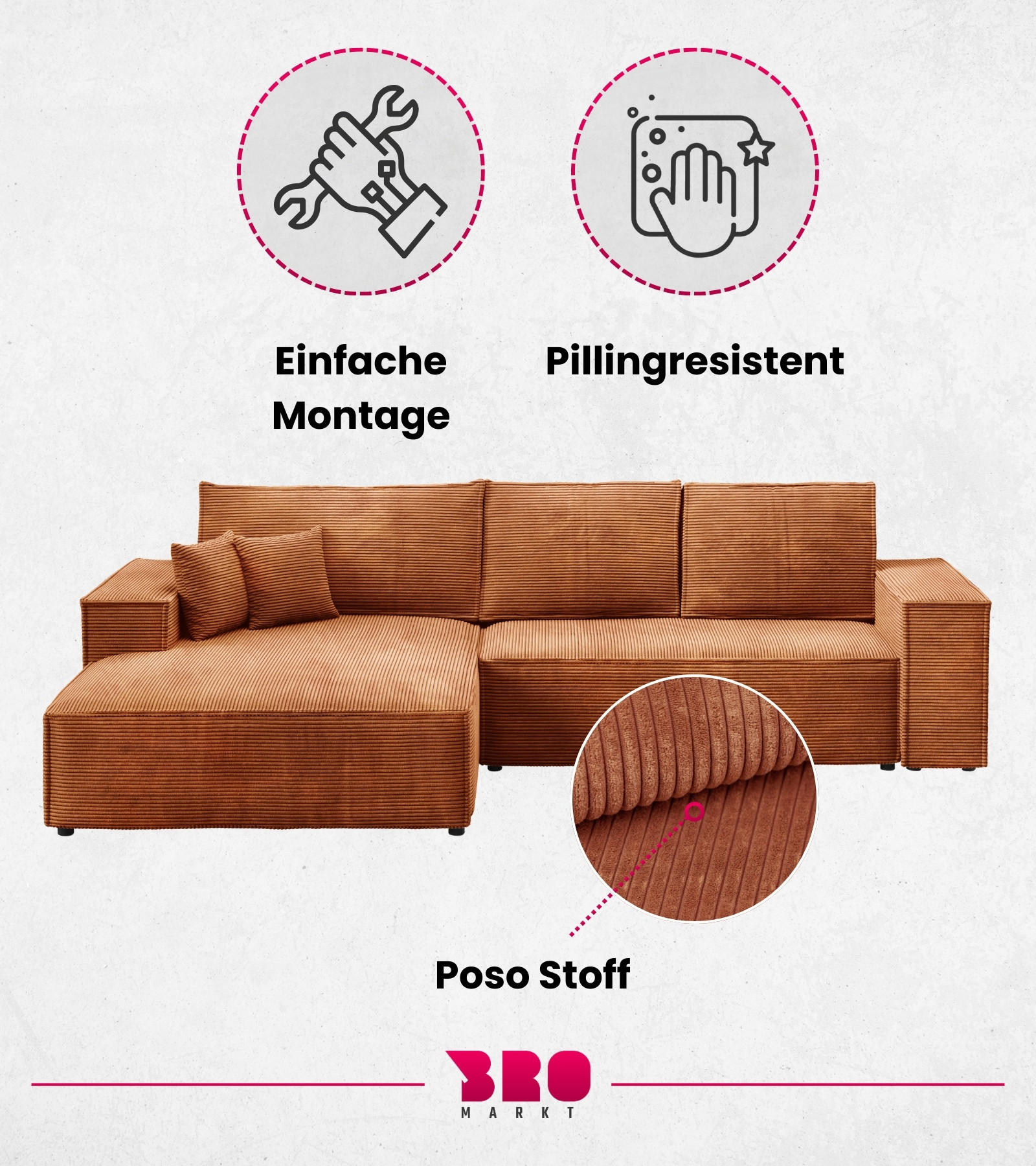Thumbnail - Bromarkt Ecksofa, Orange, Textil, 3-Sitzer, Ottomane rechts, L-Form, 294x185 cm, Wohnzimmer, Sofas & Couches, Wohnlandsc...