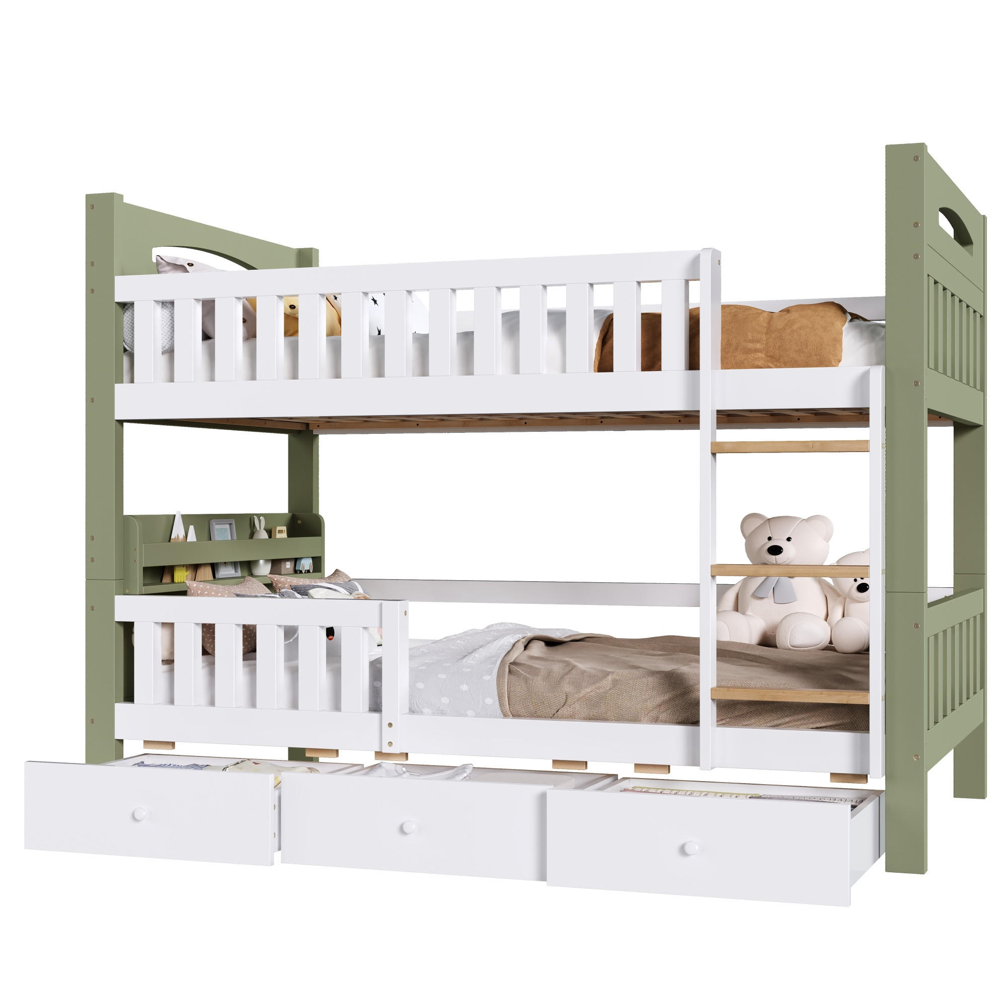 ETAGENBETT aus Kiefernholz 90x200 cm Weiß/Grün mit 3 Schubladen und seitlichem Regal - Weiß, Holz (90/200cm) - Modfu