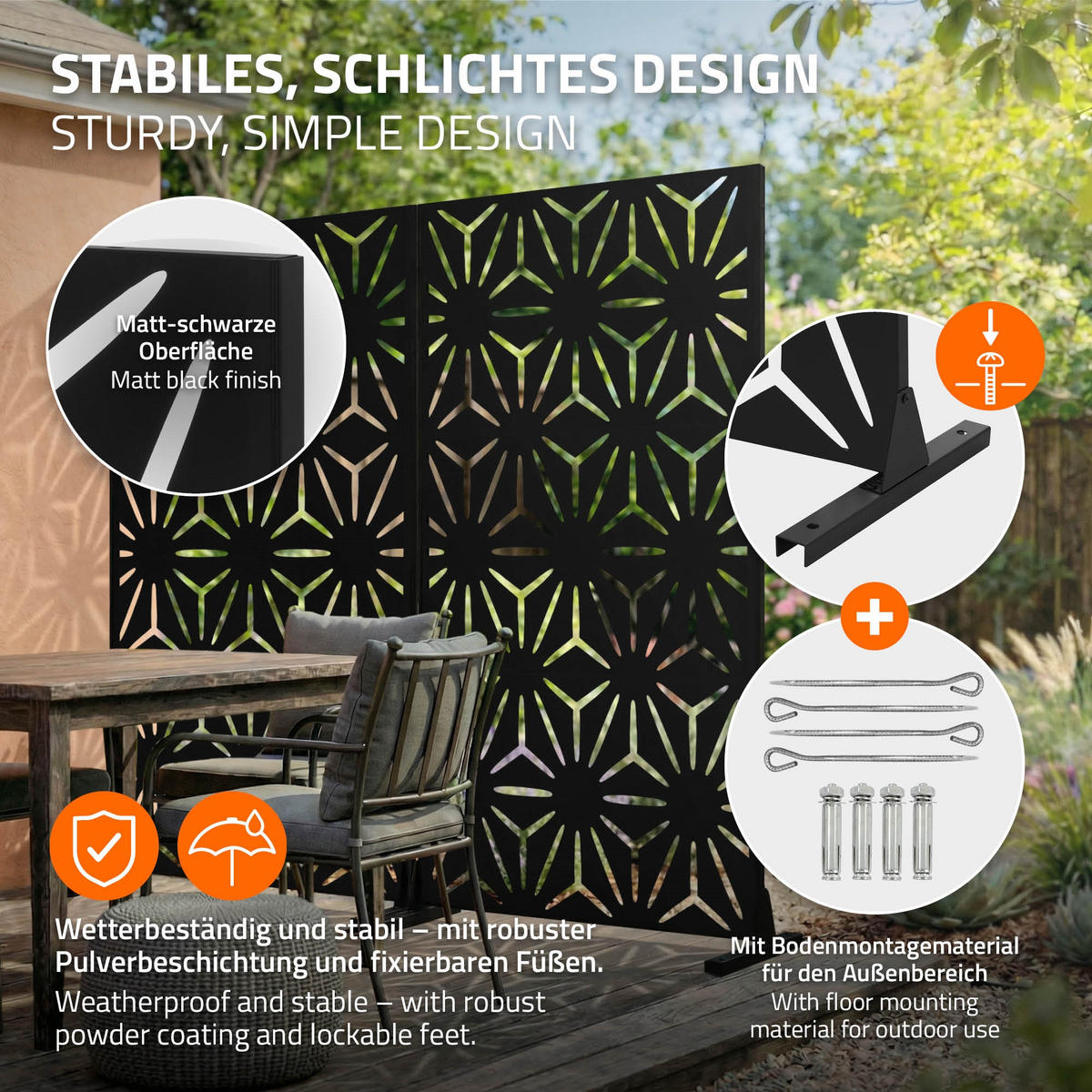 METALL-SICHTSCHUTZ Torino 90x180 cm Schwarz aus Stahl - Schwarz, Metall (90/183cm) - ML-DESIGN