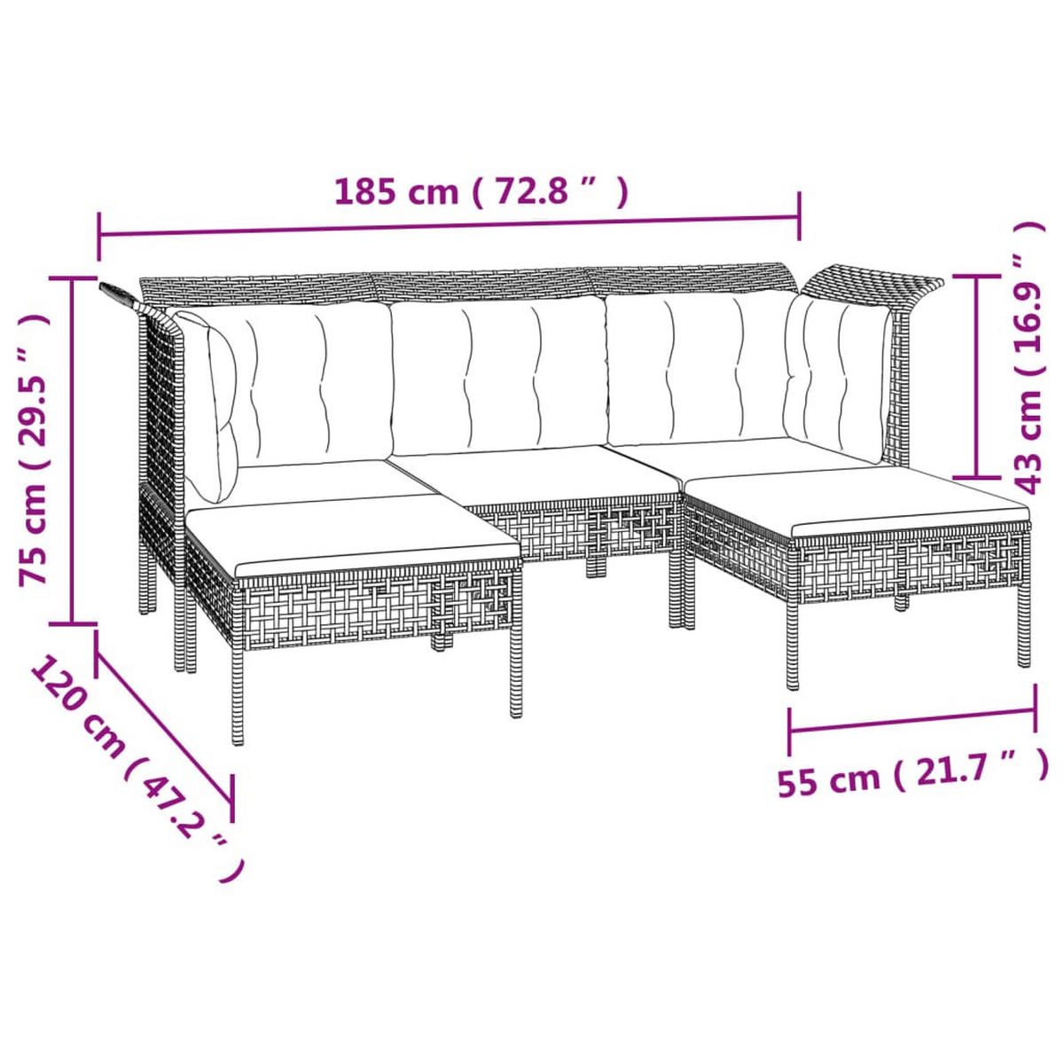 LOUNGEGARNITUR mit Hocker und Sofa, 185 cm, aus Poly Rattan, Grau, 5-teiliges Set - Grau, Kunststoff - vidaXL