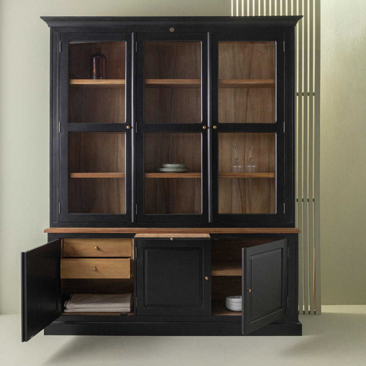 VITRINE aus massiver Akazie 206/239/50 cm - Schwarz, Naturmaterialen (50/239/54cm) - Signature