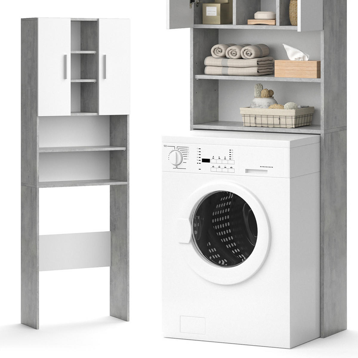 WASCHMASCHINENSCHRANK Luis Beton 64 x 190 cm - Weiß/Grau, Holzwerkstoff (64/190/25.6cm) - Vicco
