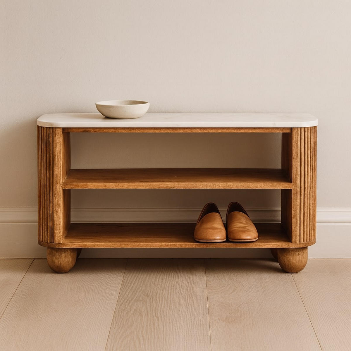 LAVICA s povrchovou úpravou Golden Teak, 2 otvorené police, mramorová doska, hnedá - hnedá, drevo/prírodné materiály (90/50/34cm) - Artisan Furniture