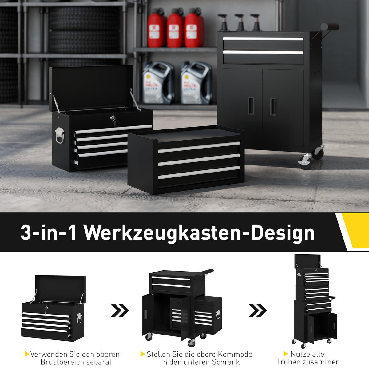 WERKZEUGKISTE 3-IN-1 DE-10558 9 Schubladen mit Rollen Schwarz - Schwarz, Metall (33/133/69.5cm) - ComfortXL