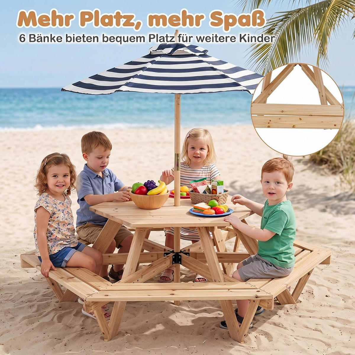 KINDER OUTDOOR-SITZGRUPPE mit Sonnenschirm natur - Naturfarben, Holz - COSTWAY