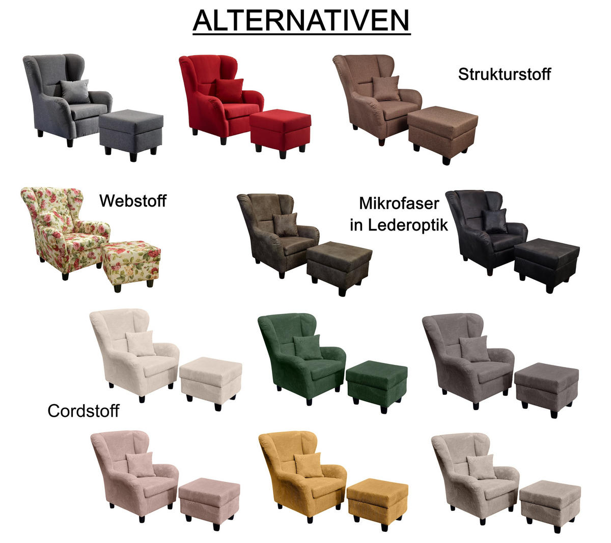 OHRENSESSEL mit HOCKER, hoher Sitzkomfort durch Wellenunterfederung B90/H98/T76 cm, Cord Braun Taupe / 18020 - Taupe/Schwarz, Holz/Textil (90/98/76cm) - luma-home