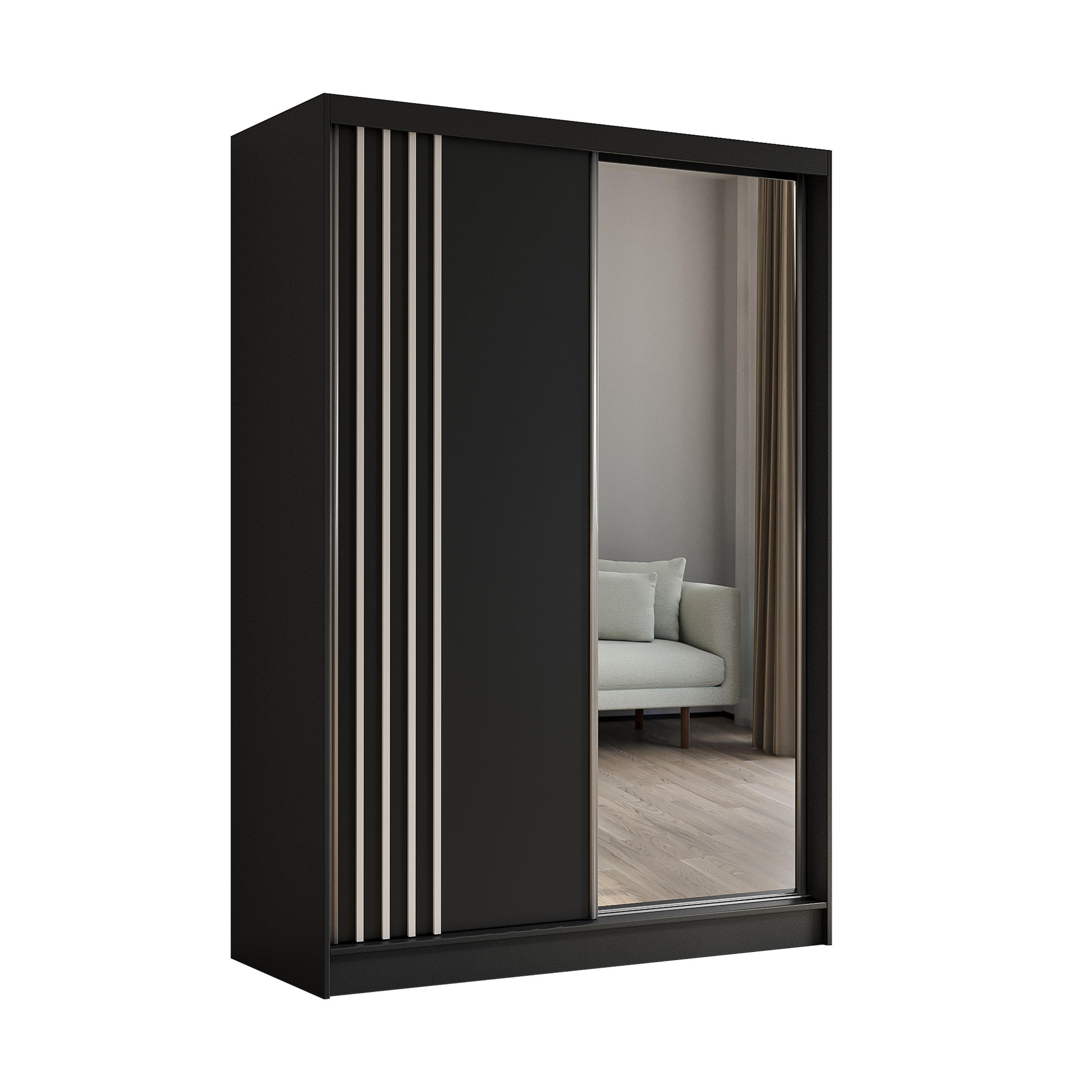 KLEIDERSCHRANK mit Spiegel-Schiebetüren und Aluminium-Leisten, LED-Beleuchtung - NALLA - 150 cm Schwarz+Schwarz+Weiß - Schwarz/Weiß, Holzwerkstoff (150/216/61cm) - ALTDECOR