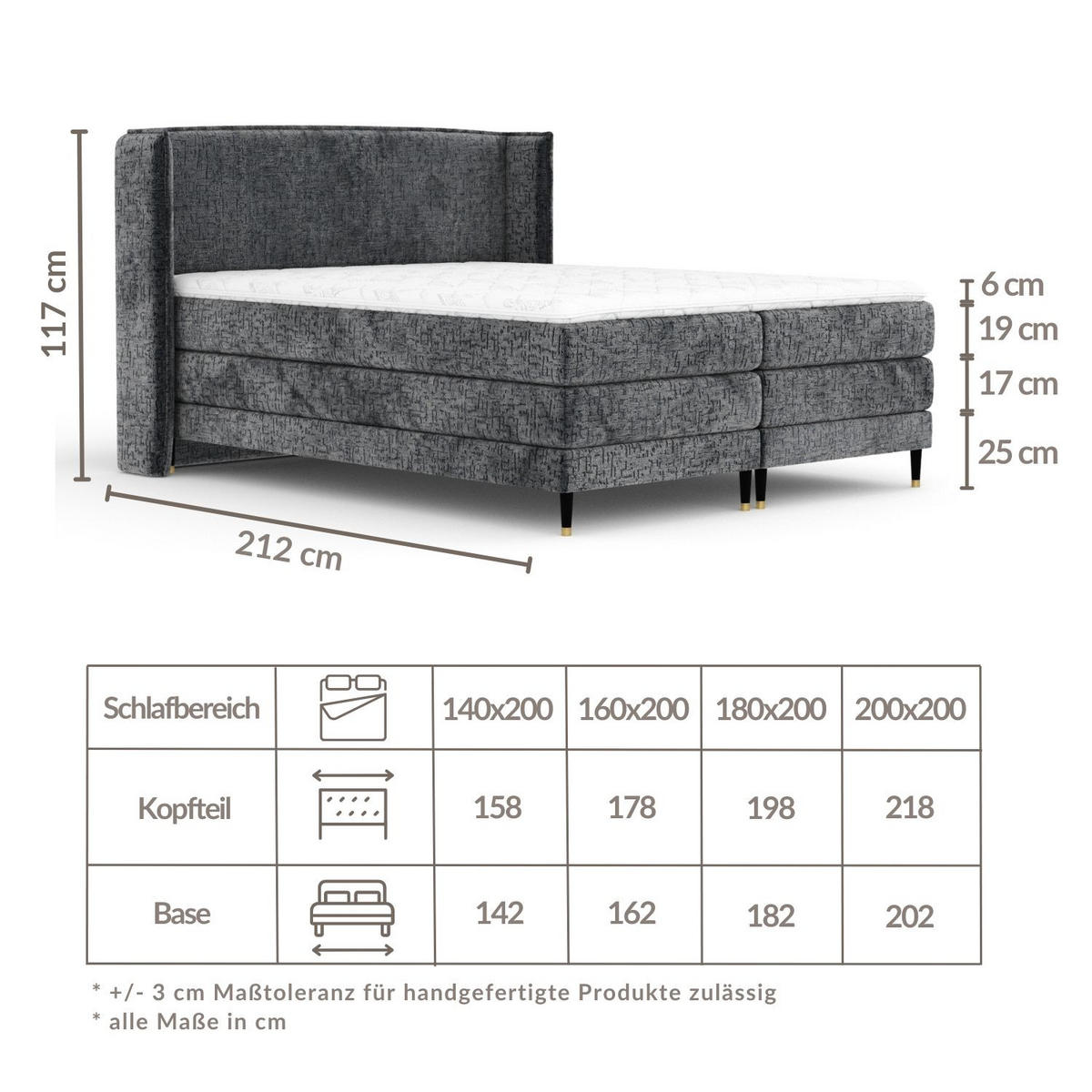 BOXSPRINGBETT Carizzo Anthrazit 180/200 cm mit Matratze und Topper - Anthrazit/Schwarz, Holz/Holzwerkstoff (180/200cm) - Maison de Reve