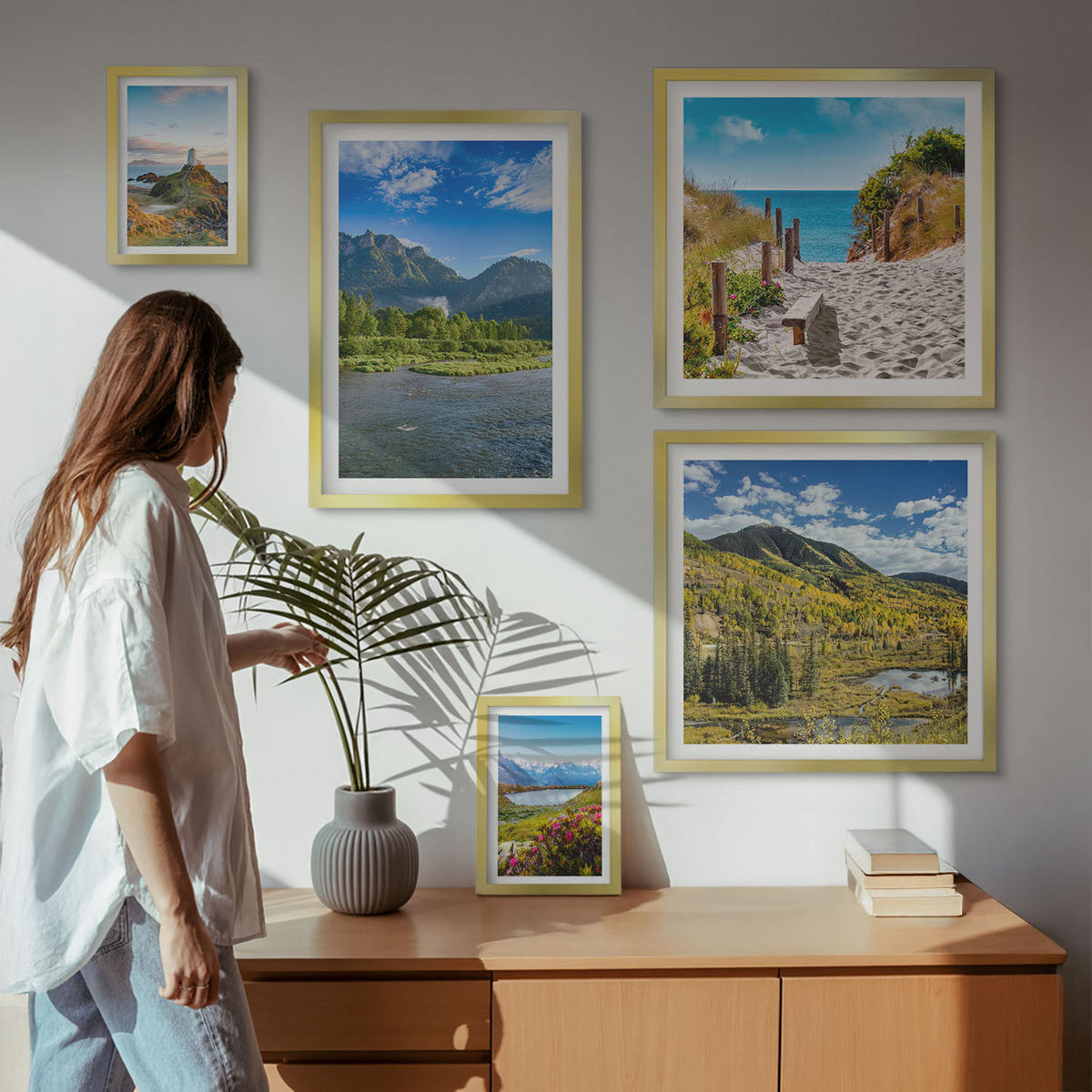 WANDBILDER 5er Set - 50x50 cm & 20x30 cm & 40x60 cm Goldrahmen - See, Brücken, Berge - Goldfarben, Kunststoff (40/60cm) - ArtPrintCave