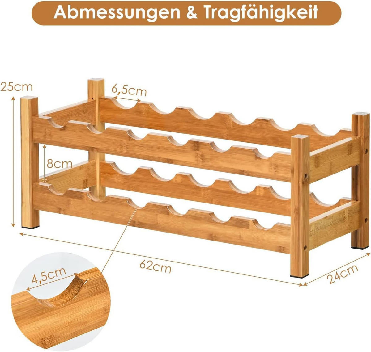 WEINREGAL 2- stöckiges Flaschenständer Holz - Naturfarben, Naturmaterialen (24/25/62cm) - COSTWAY