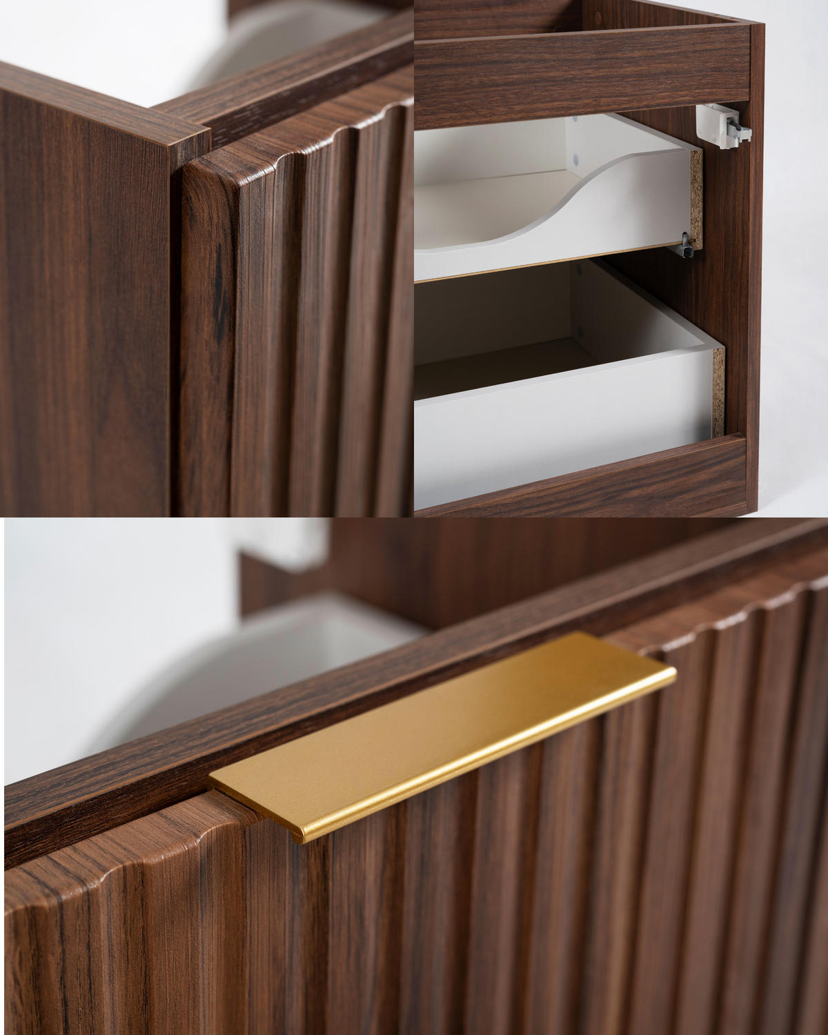 BADMÖBEL-SET MIT WÄSCHEKORB: Eiche Nussbaum, Griffe Gold, 160 x 46 x 57 cm - Eichefarben/Goldfarben, Holzwerkstoff (160/57/46cm) - 3XE LIVING