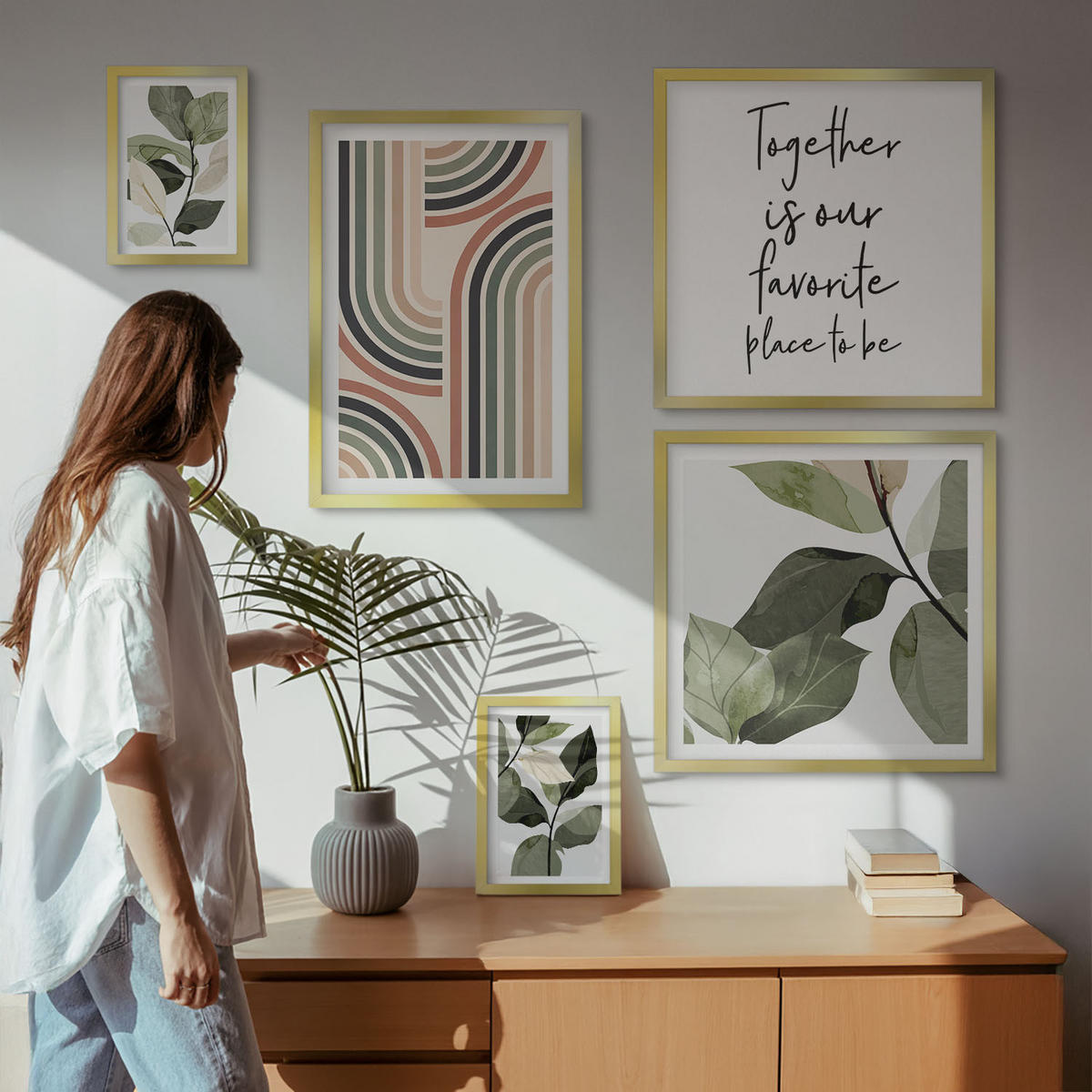 BILDER SET 5er Set - 50x50 cm & 20x30 cm & 40x60 cm Goldrahmen - Geometrische Pflanzenmotive - Goldfarben, Kunststoff (40/60cm) - TULUP
