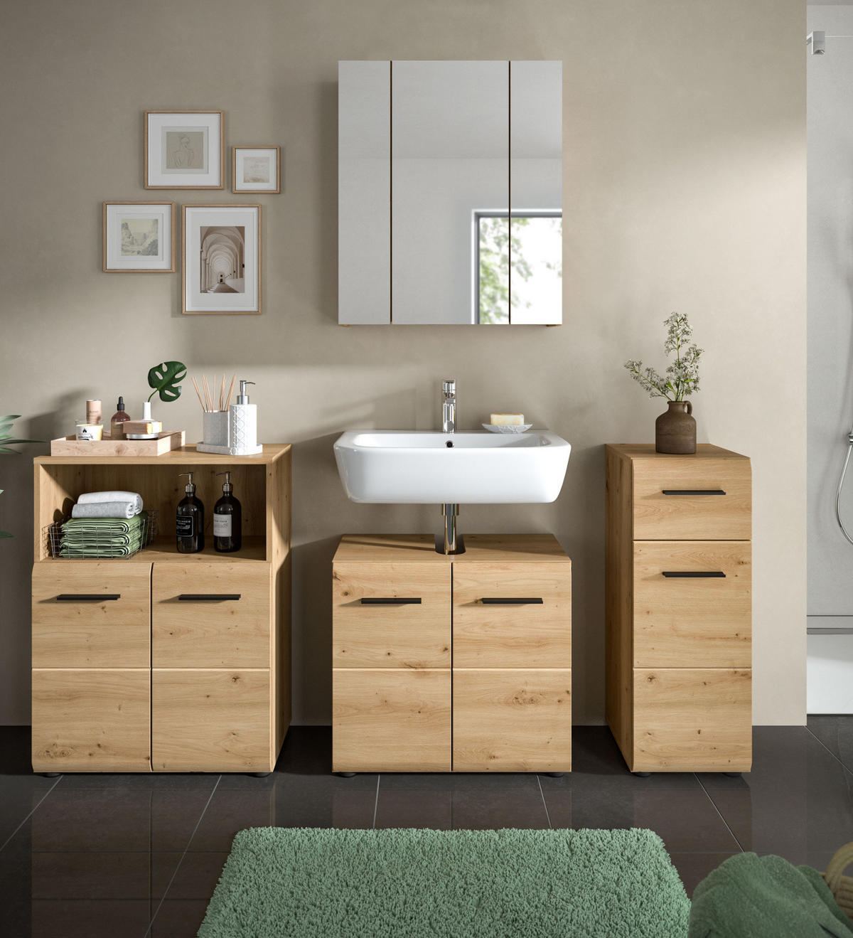 BADMÖBEL-SET 4-teilig in Artisan Eiche, Badkombination 180 x 185 cm, Cover - Schwarz/Eiche Artisan, Glas/Holzwerkstoff (180/185/30cm) - Inn.Furn