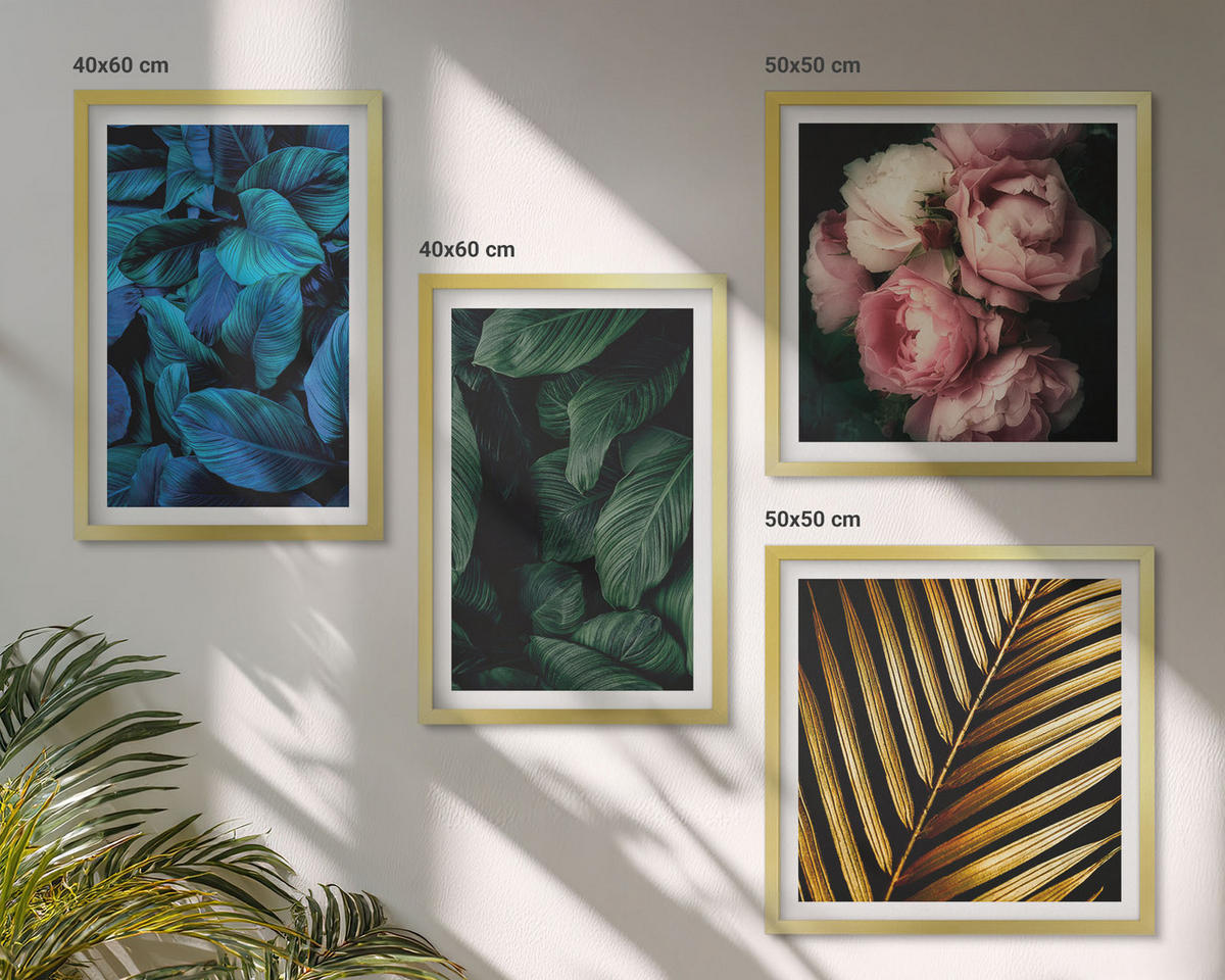 BILDER SET 4er Set - 50x50 cm & 40x60 cm Goldrahmen - Blätter und Blüten in verschiedenen Farben - Goldfarben, Kunststoff (50/50cm) - TULUP