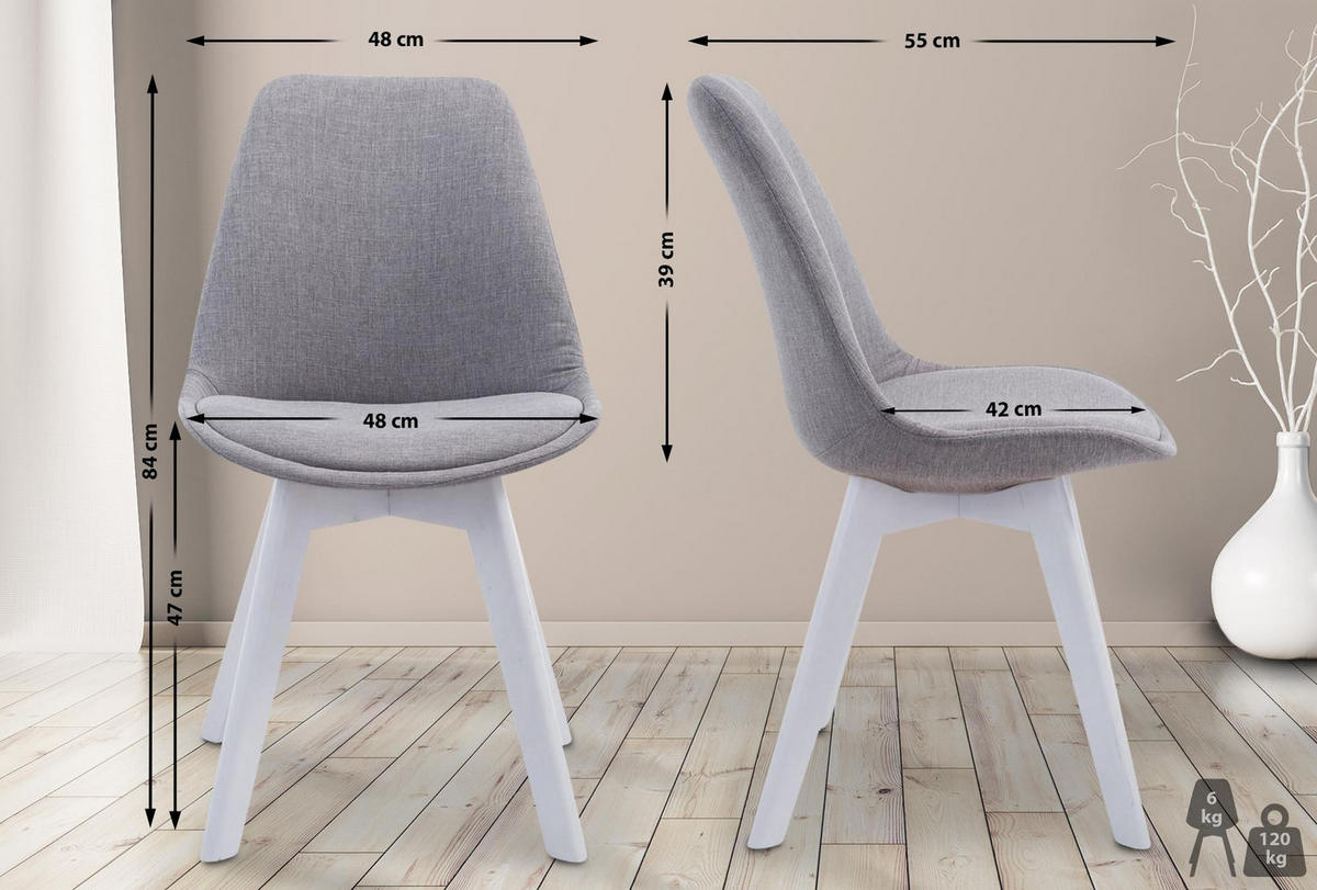 STUHL Stoff grau - Weiß/Grau, Holz/Textil (48/84/55cm) - CLP