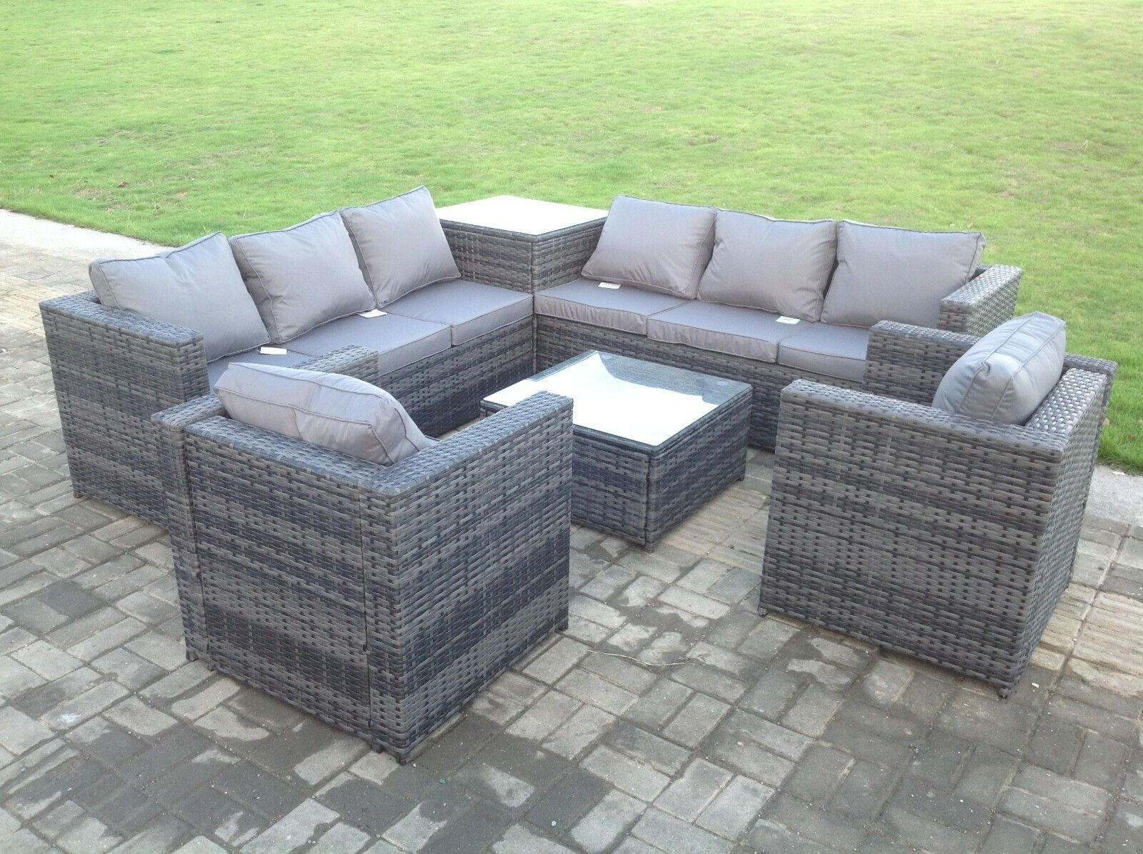 GARTENMÖBELSET mit Couchtisch Polyrattan 8-Sitzer - Dunkelgrau/Grau, Glas/Kunststoff - Fimous