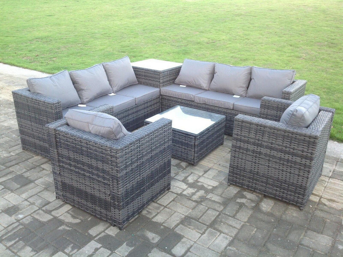 GARTENMÖBELSET mit Couchtisch Polyrattan 8-Sitzer - Dunkelgrau/Grau, Glas/Kunststoff - Fimous