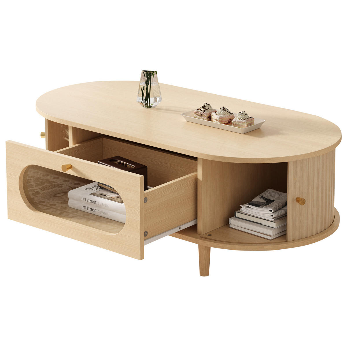 COUCHTISCH 100/50/36 cm aus MDF mit Schublade, 2 Rollladentüren und Glasfront, Eichefarben - Eichefarben, Holzwerkstoff (100/50/36cm) - Redom