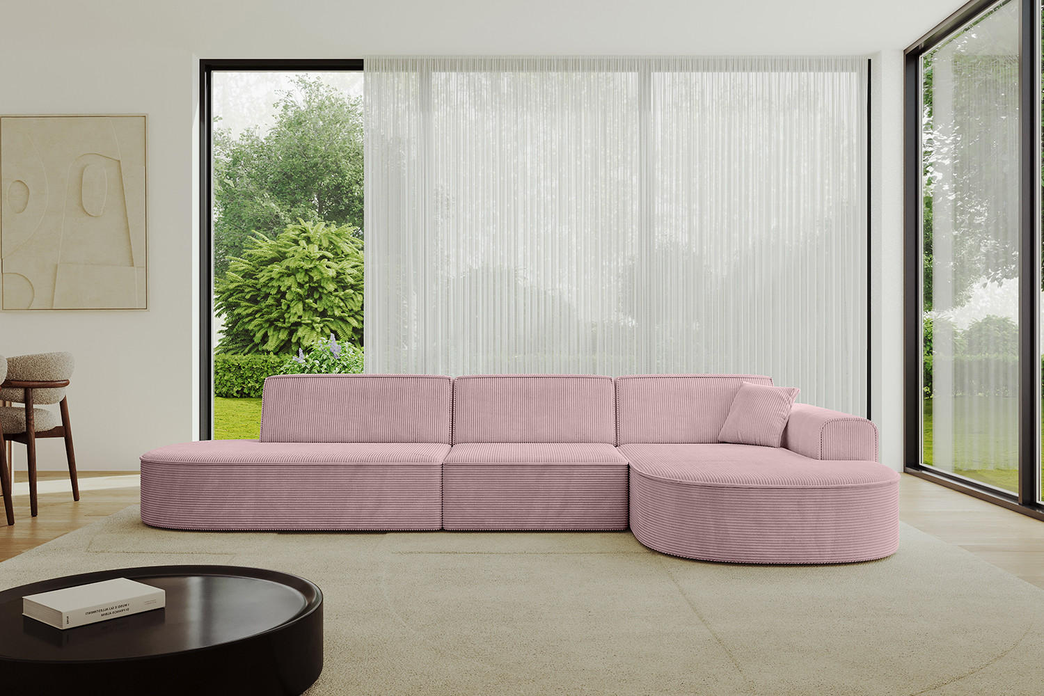 ECKSOFA Ottomane Rechts MARI-L2 - 328x171x79 cm Rosa Cord - Schwarz/Rosa, Holzwerkstoff/Kunststoff (171/328cm) - ALTDECOR