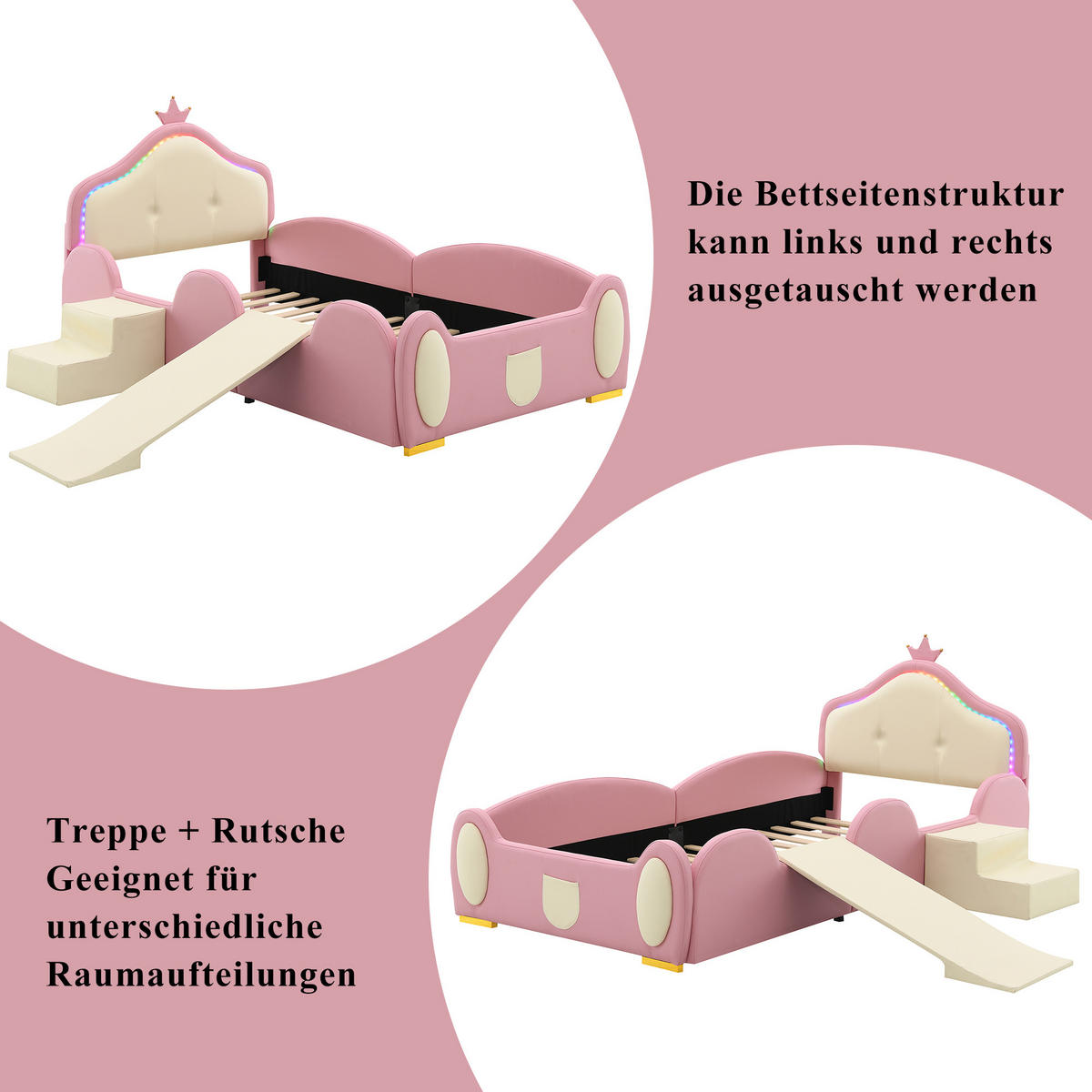 KINDERBETT 90/200 cm mit LED-Streifen, Rutsche, Treppe und weichen Schutzkanten aus PU, Rosa/Beige - Rosa, Kunststoff (90/200cm) - Redom